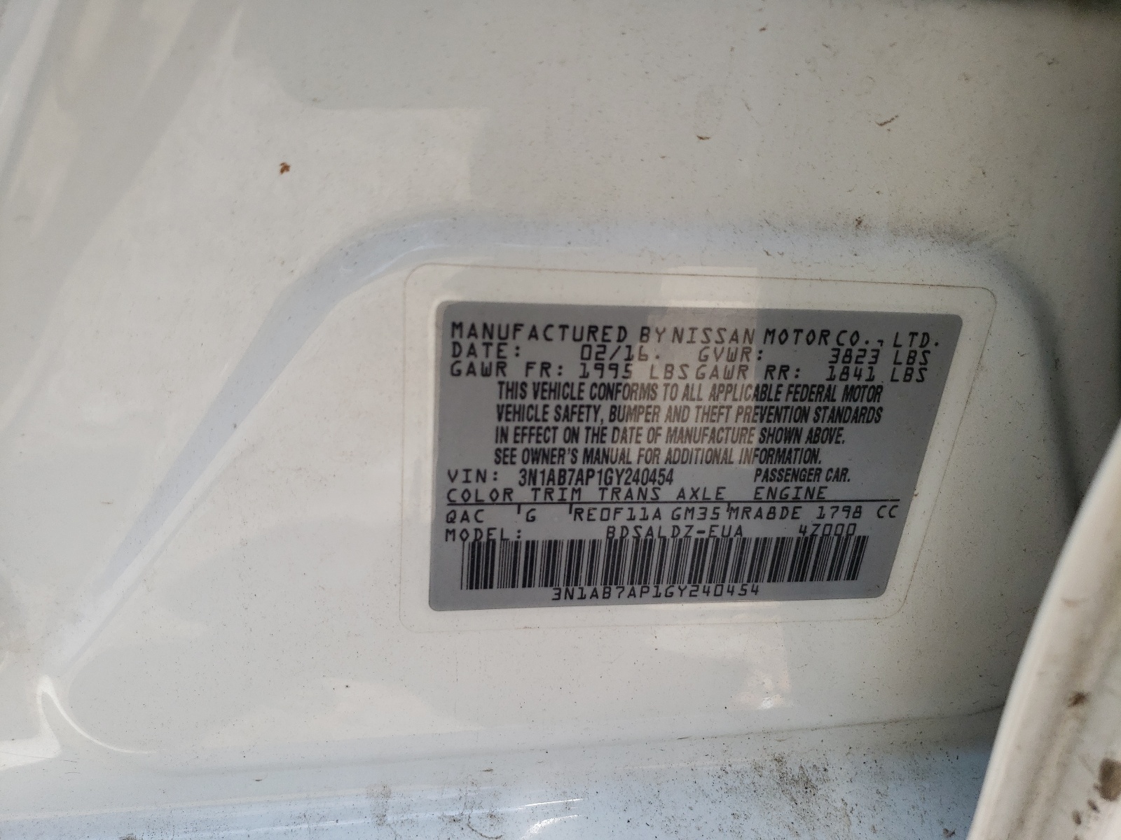 Photo 10 from auction – 2016 NISSAN SENTRA S with VIN 3N1AB7AP1GY240454