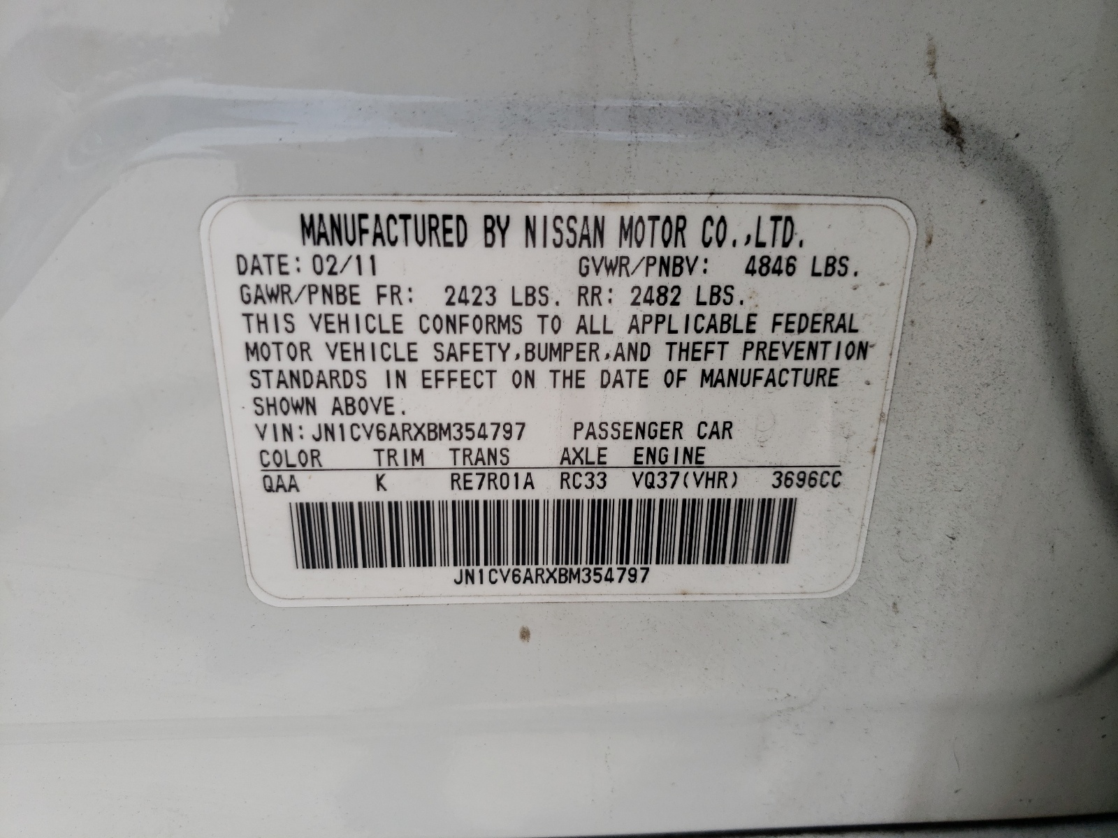 Photo 10 from auction – 2011 INFINITI G37 with VIN JN1CV6ARXBM354797