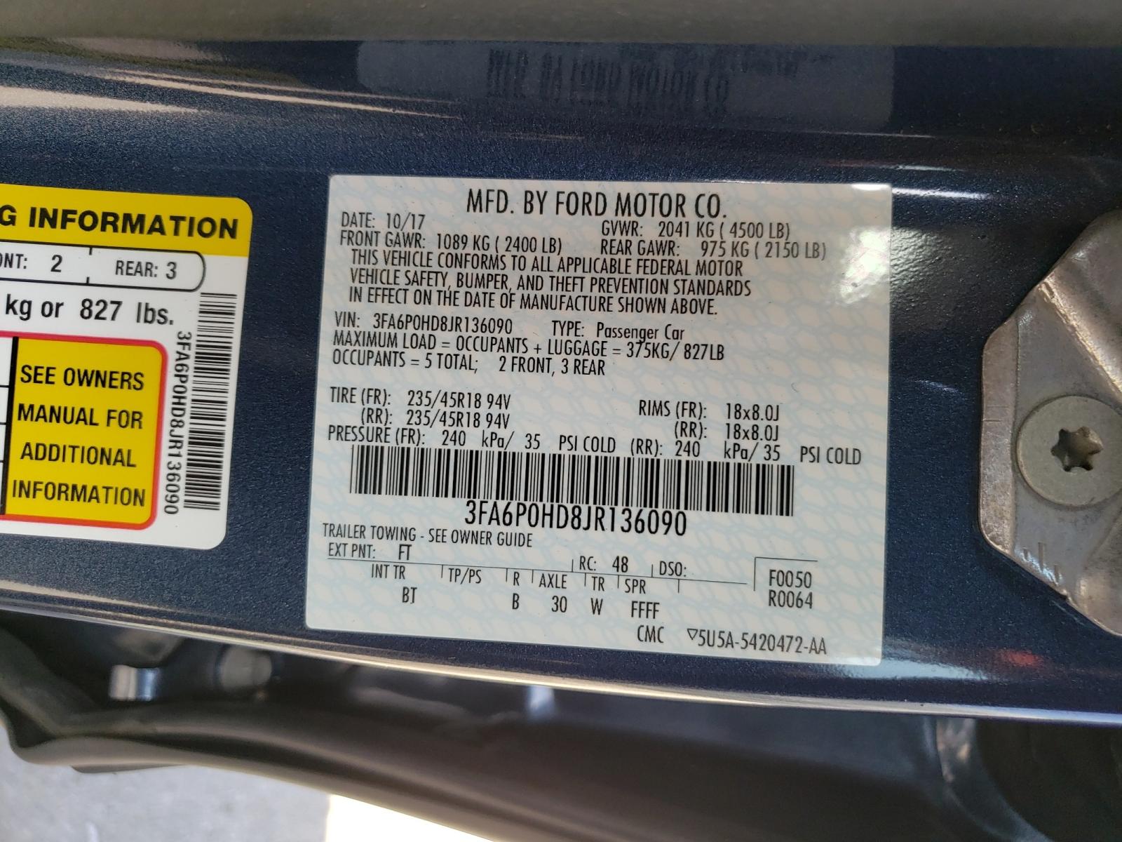 Photo 10 from auction – 2018 FORD FUSION SE with VIN 3FA6P0HD8JR136090