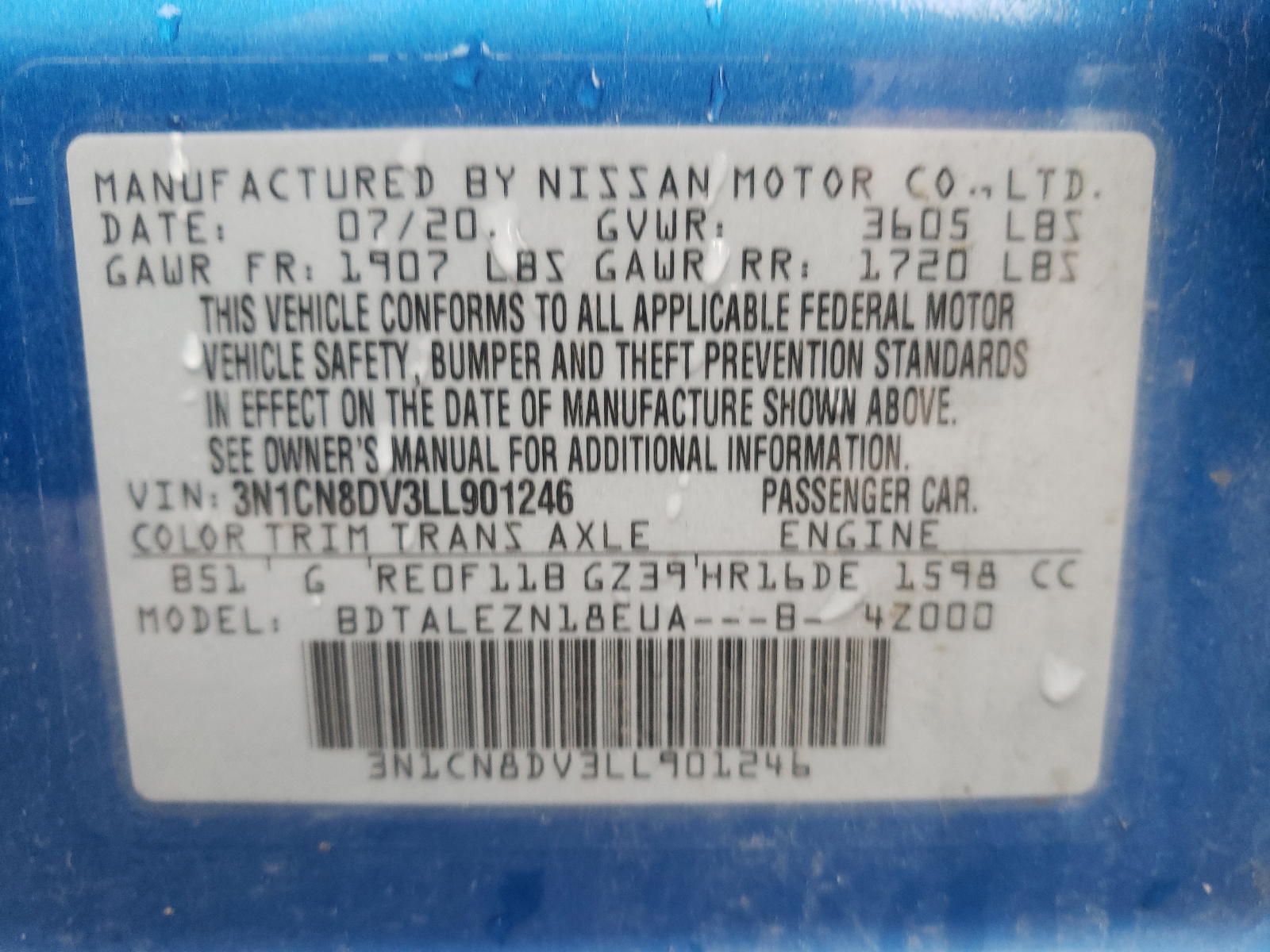 Photo 10 from auction – 2020 NISSAN VERSA with VIN 3N1CN8DV3LL901246
