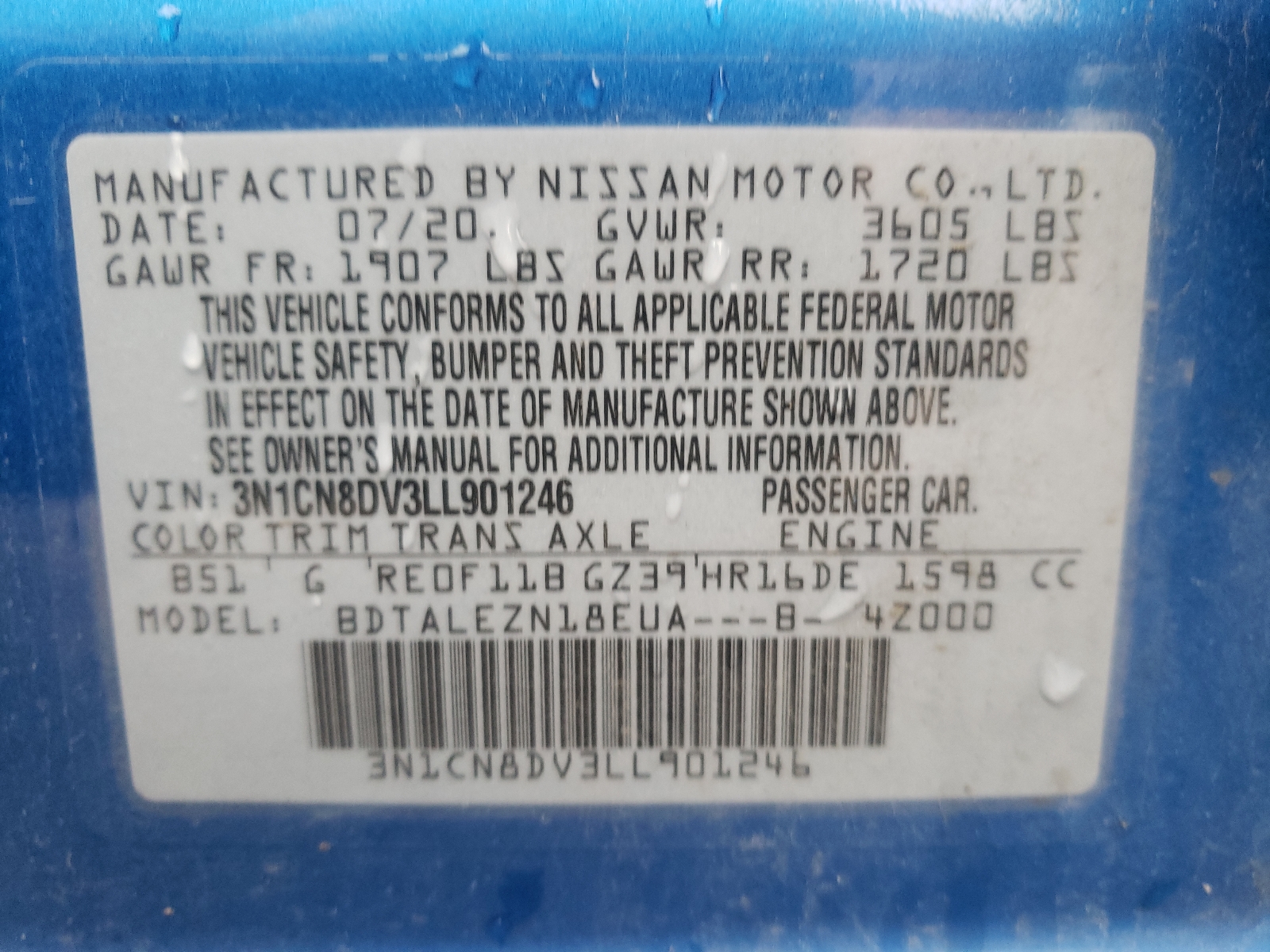 Zdjęcie 10 z aukcji – 2020 NISSAN VERSA z VIN 3N1CN8DV3LL901246