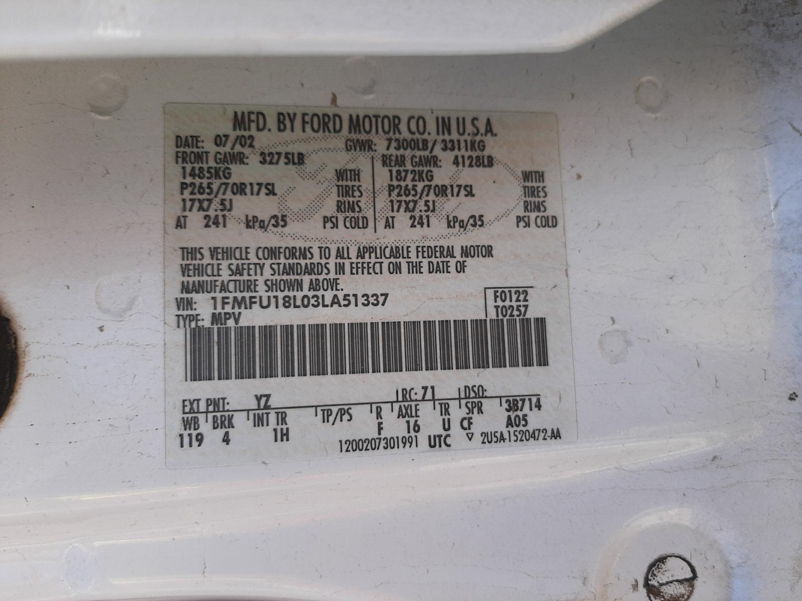 Photo 10 from auction – 2003 FORD EXPEDITION with VIN 1FMFU18L03LA51337