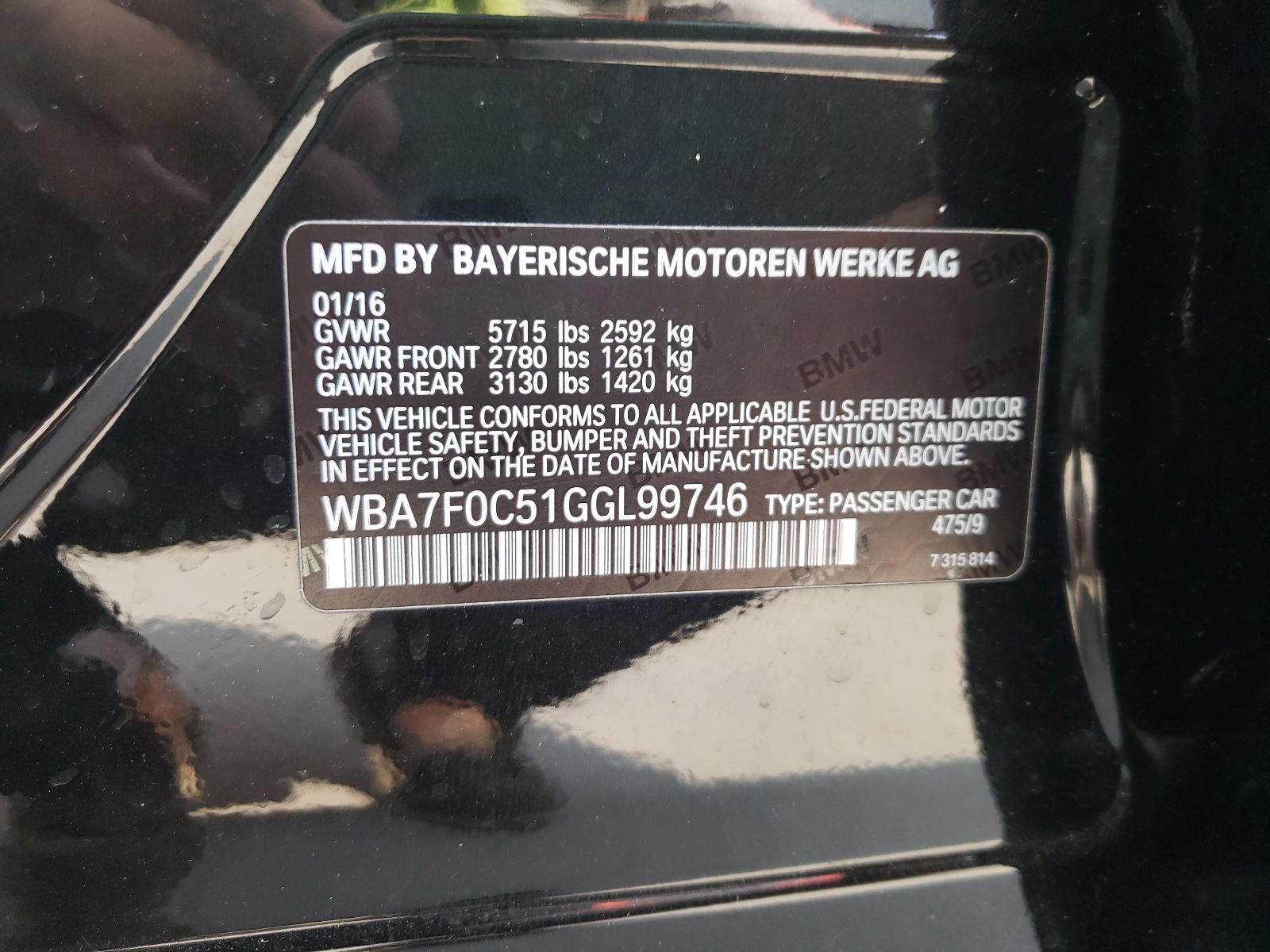 Photo 10 from auction – 2016 BMW 750 I with VIN WBA7F0C51GGL99746