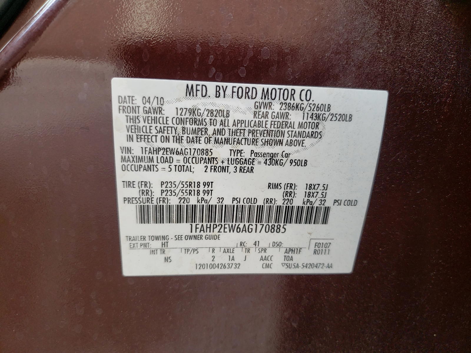 Photo 10 from auction – 2010 FORD TAURUS SEL with VIN 1FAHP2EW6AG170885
