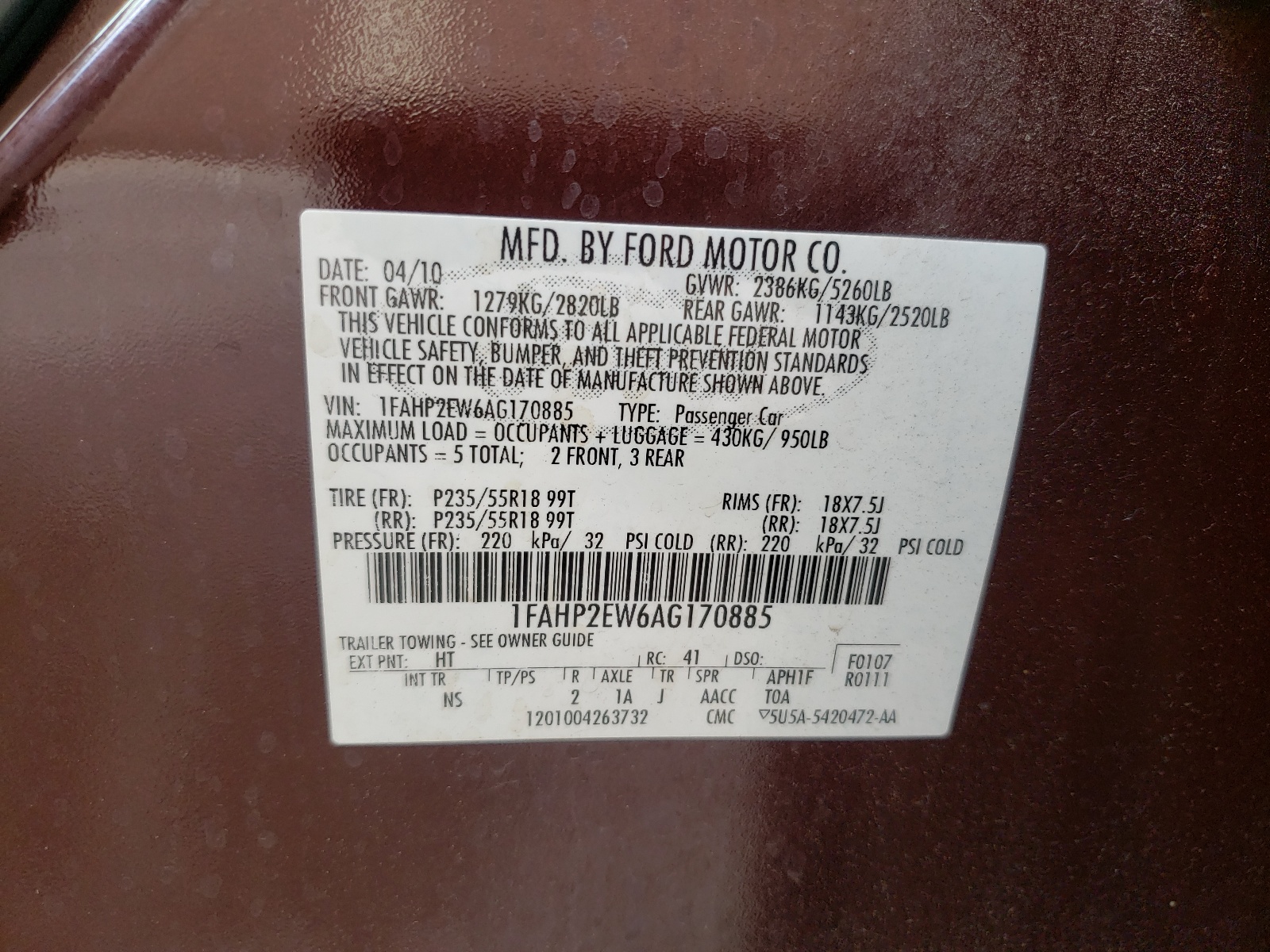 Foto 10 de la subasta – 2010 FORD TAURUS SEL con VIN 1FAHP2EW6AG170885