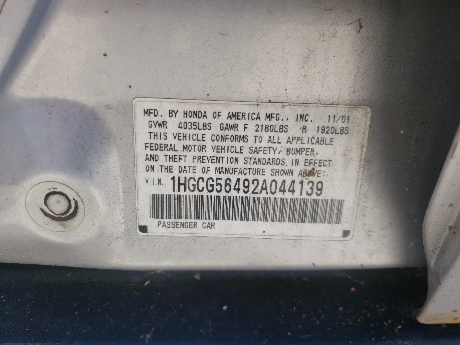 Photo 10 from auction – 2002 HONDA ACCORD with VIN 1HGCG56492A044139