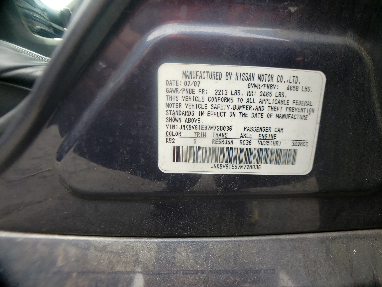 Photo 10 from auction – 2007 INFINITI G35 with VIN JNKBV61E97M728036