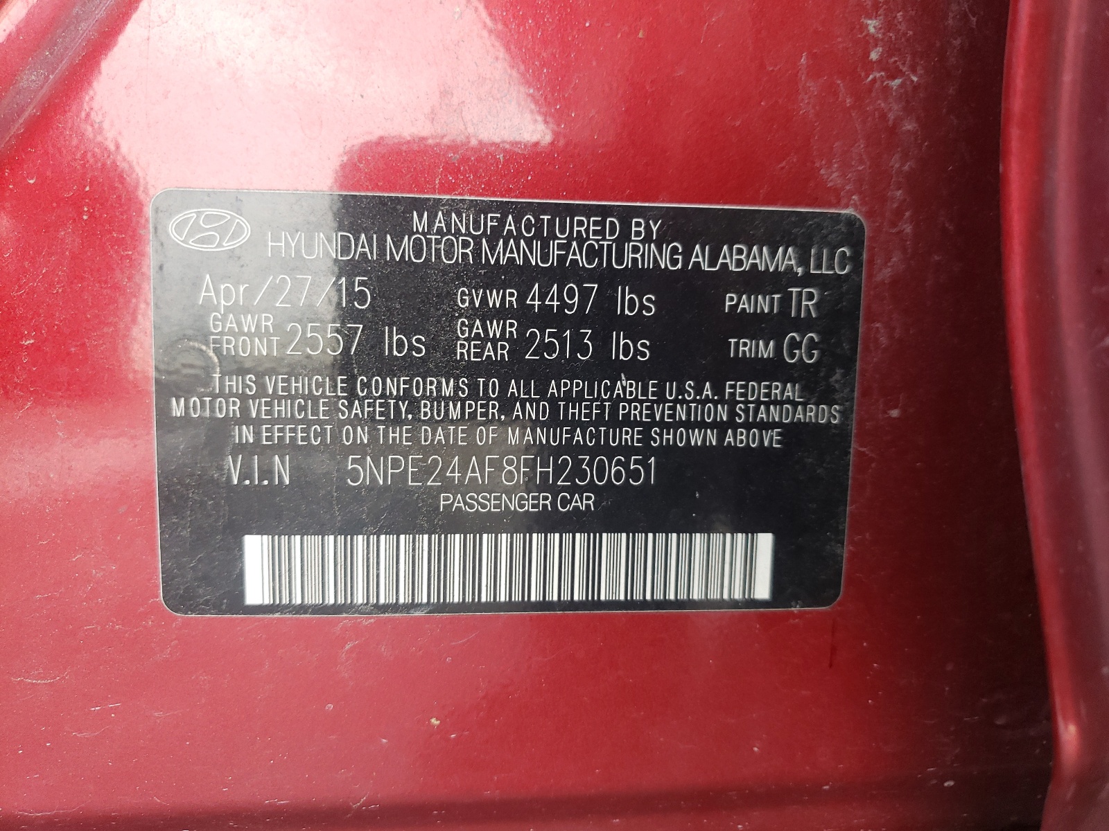 Photo 10 from auction – 2015 HYUNDAI SONATA SE with VIN 5NPE24AF8FH230651