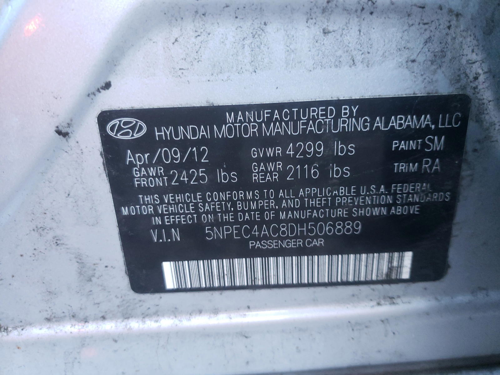 Photo 10 from auction – 2013 HYUNDAI SONATA SE with VIN 5NPEC4AC8DH506889