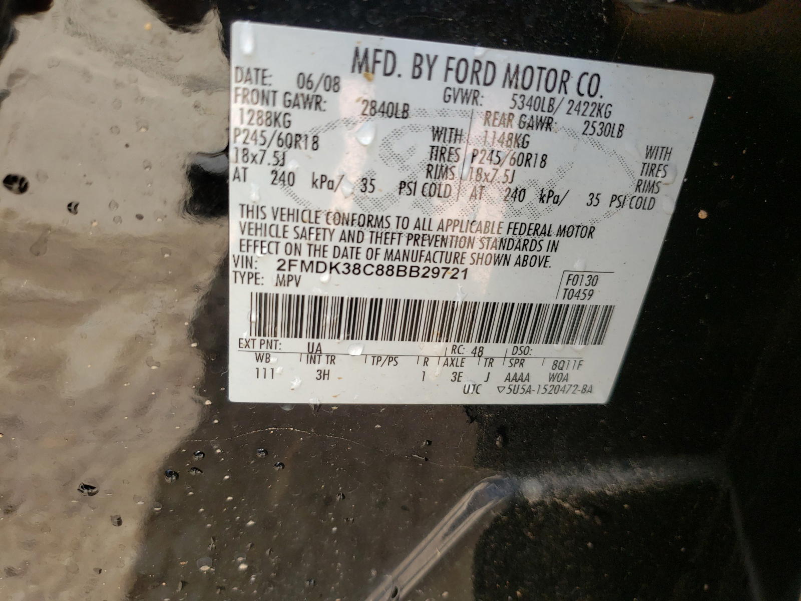 Photo 10 from auction – 2008 FORD EDGE SEL with VIN 2FMDK38C88BB29721