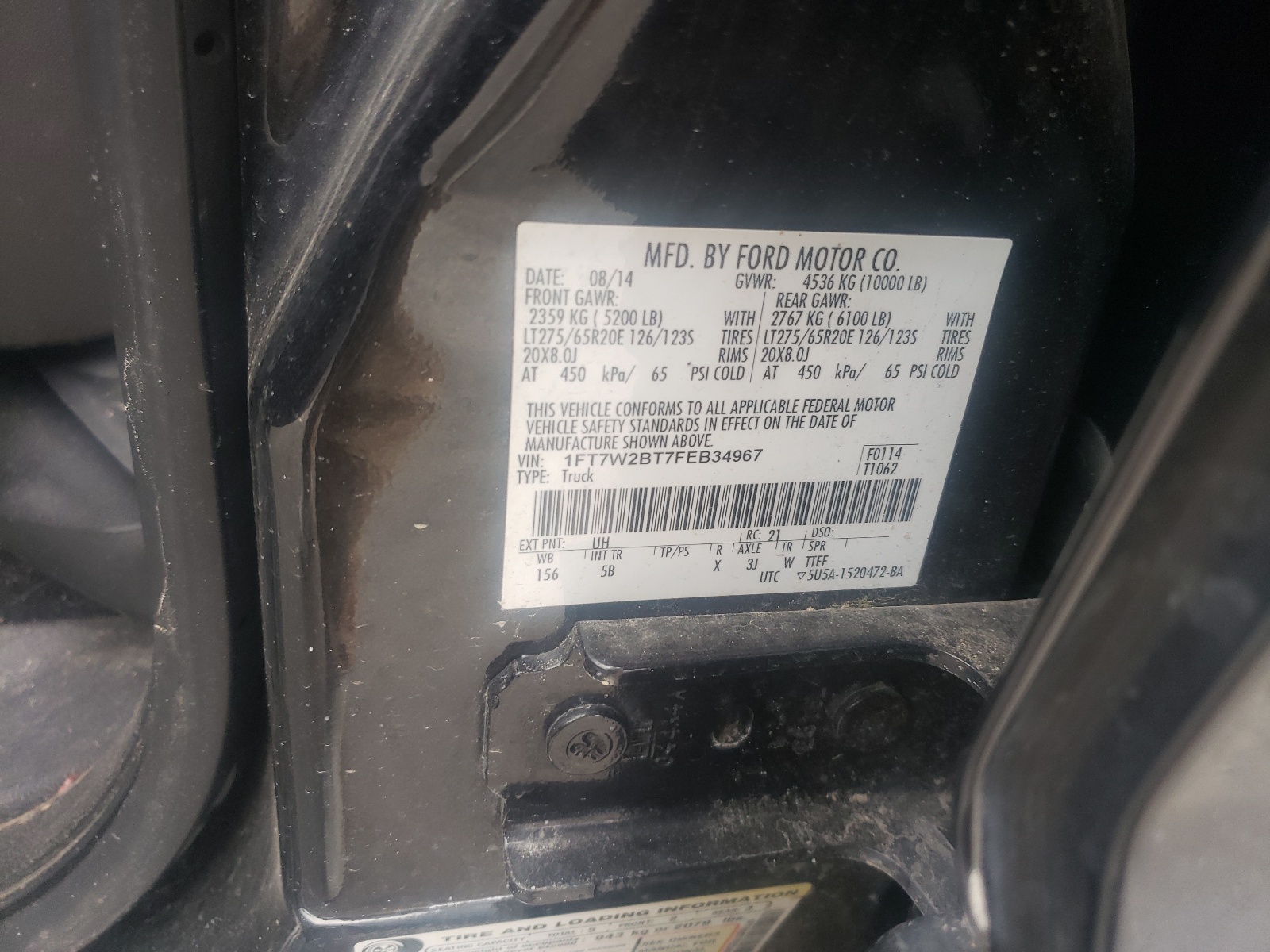 Photo 10 from auction – 2015 FORD F250 SUPER with VIN 1FT7W2BT7FEB34967