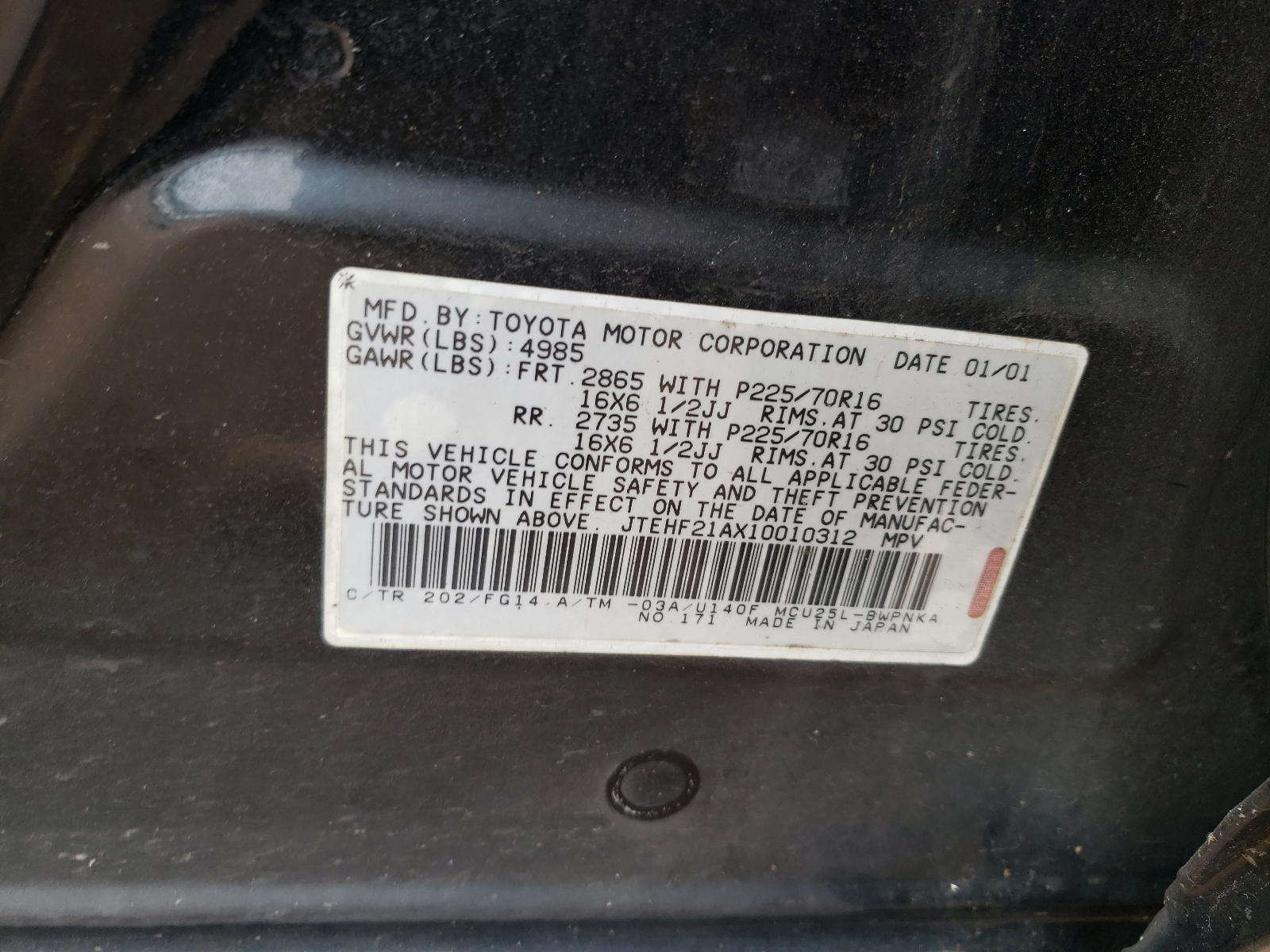 Photo 10 from auction – 2001 TOYOTA HIGHLANDER with VIN JTEHF21AX10010312