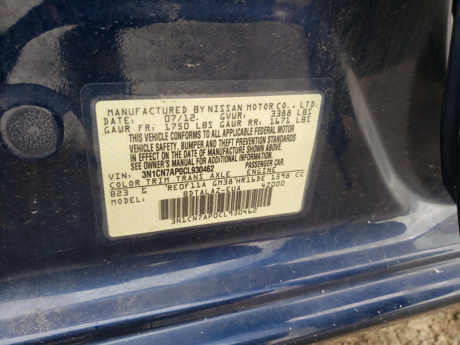 Photo 10 from auction – 2012 NISSAN VERSA S with VIN 3N1CN7AP0CL930462