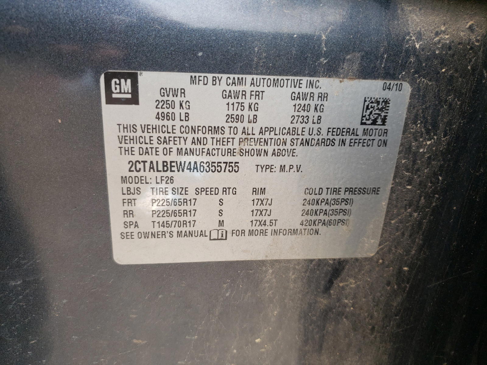 Photo 10 from auction – 2010 GMC TERRAIN with VIN 2CTALBEW4A6355755