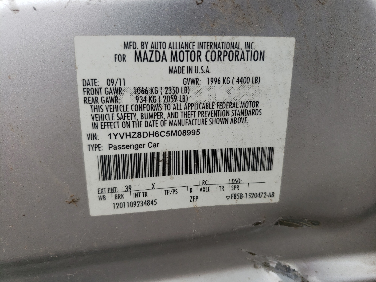 Photo 10 from auction – 2012 MAZDA 6 I with VIN 1YVHZ8DH6C5M08995