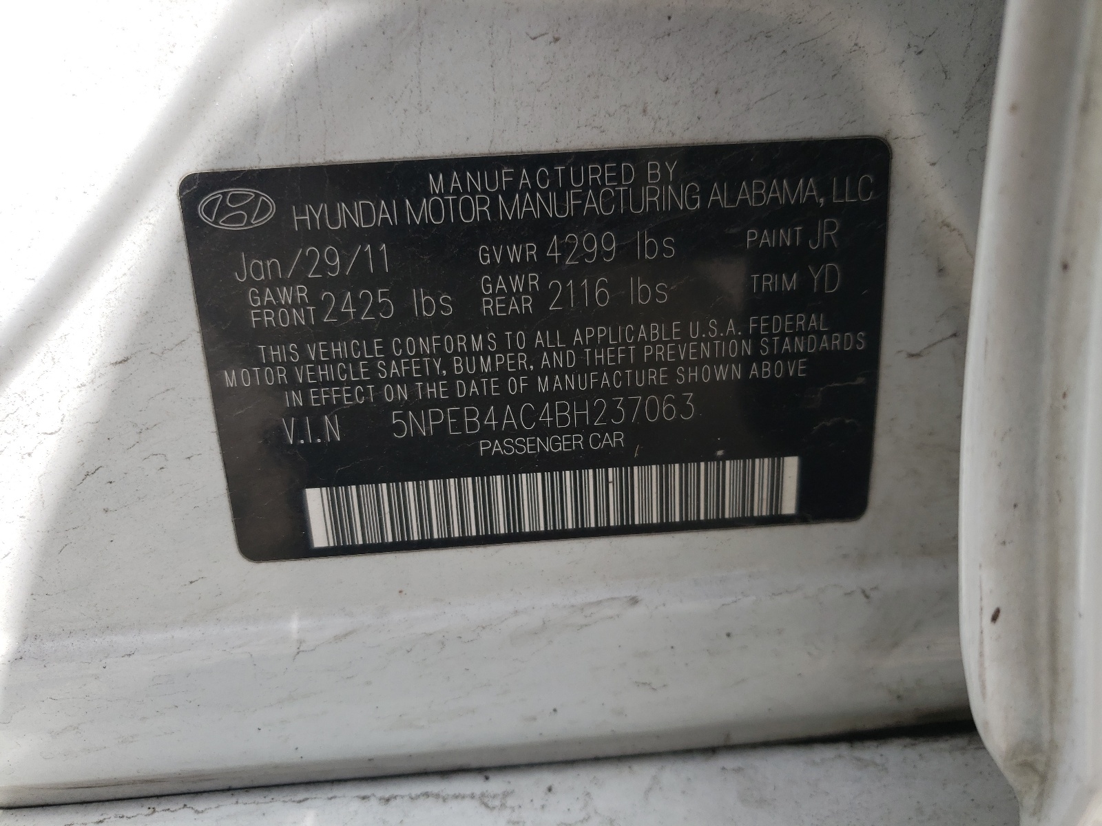 Photo 10 from auction – 2011 HYUNDAI SONATA GLS with VIN 5NPEB4AC4BH237063