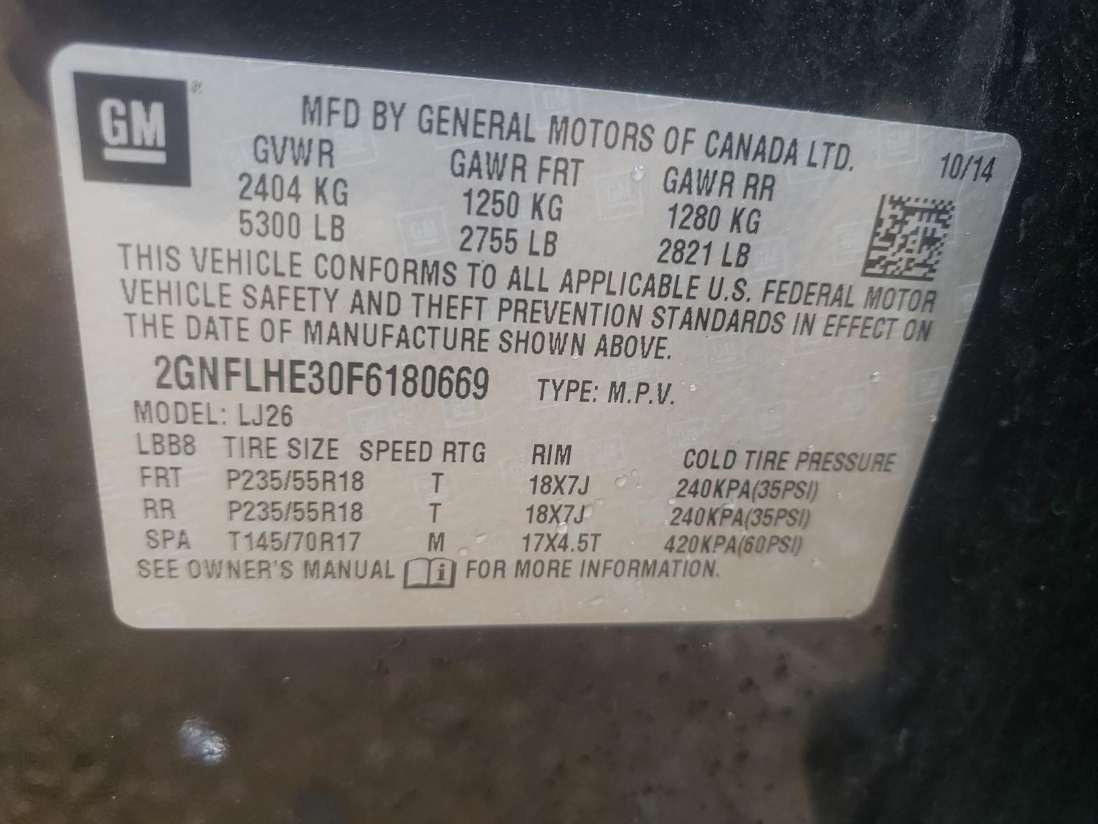 Photo 10 from auction – 2015 CHEVROLET EQUINOX LT with VIN 2GNFLHE30F6180669