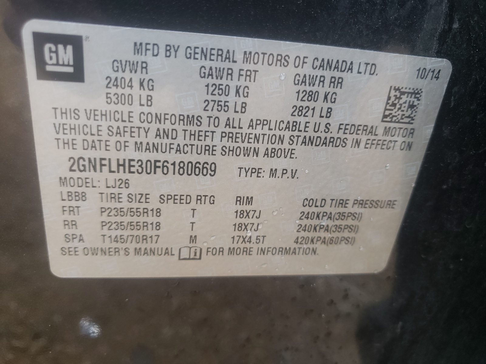 Фото 10 с аукциона – 2015 CHEVROLET EQUINOX LT с VIN 2GNFLHE30F6180669