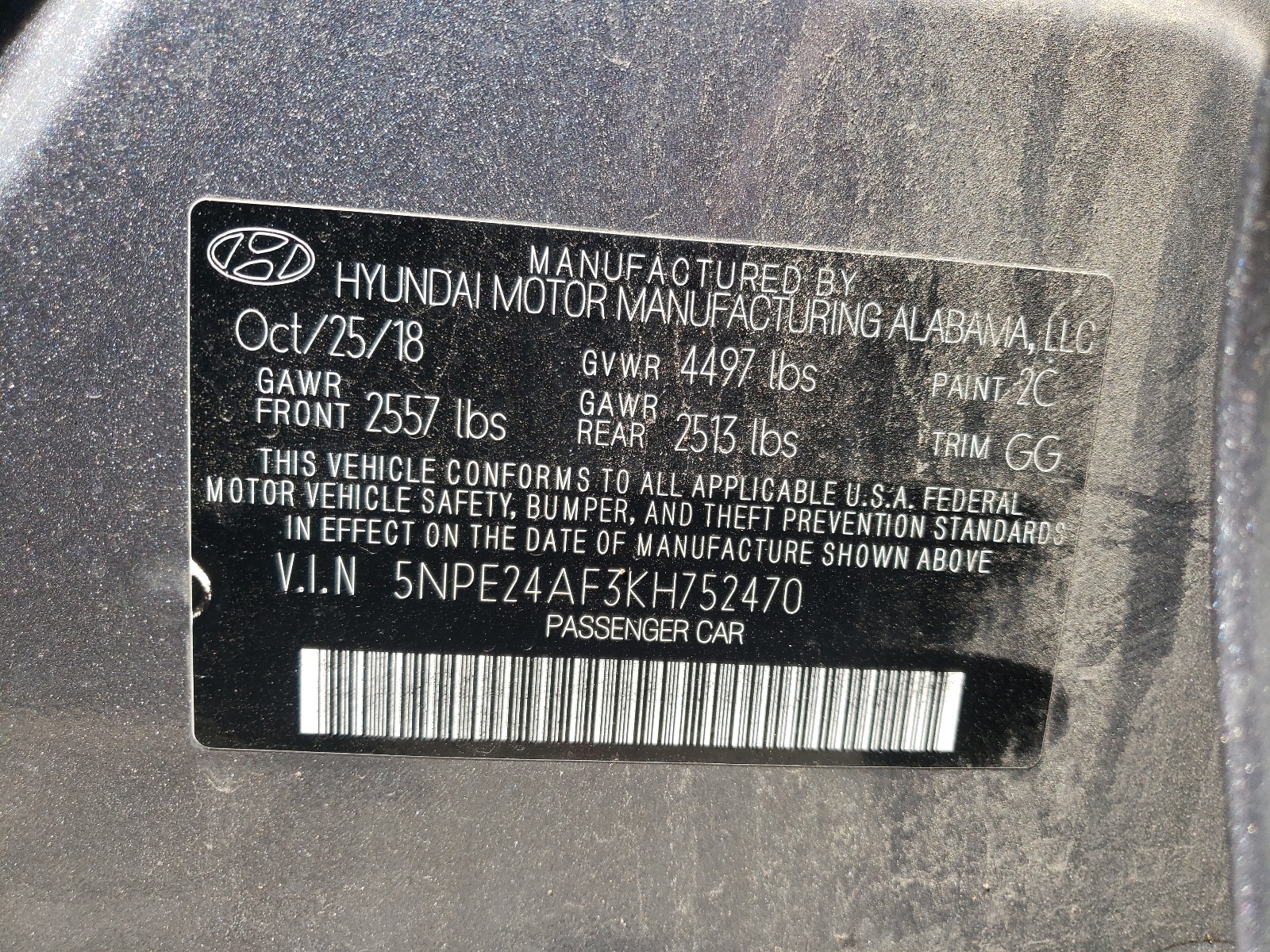 Photo 10 from auction – 2019 HYUNDAI SONATA SE with VIN 5NPE24AF3KH752470