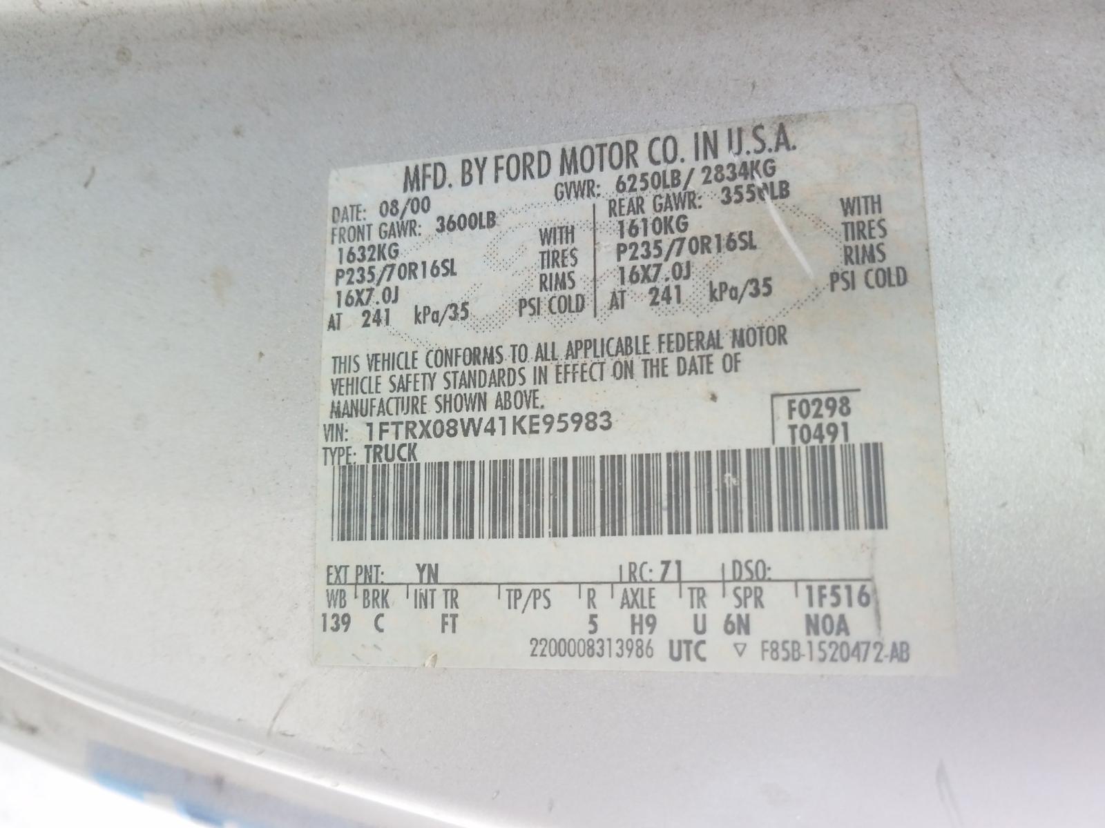 Photo 10 from auction – 2001 FORD F-150 with VIN 1FTRX08W41KE95983