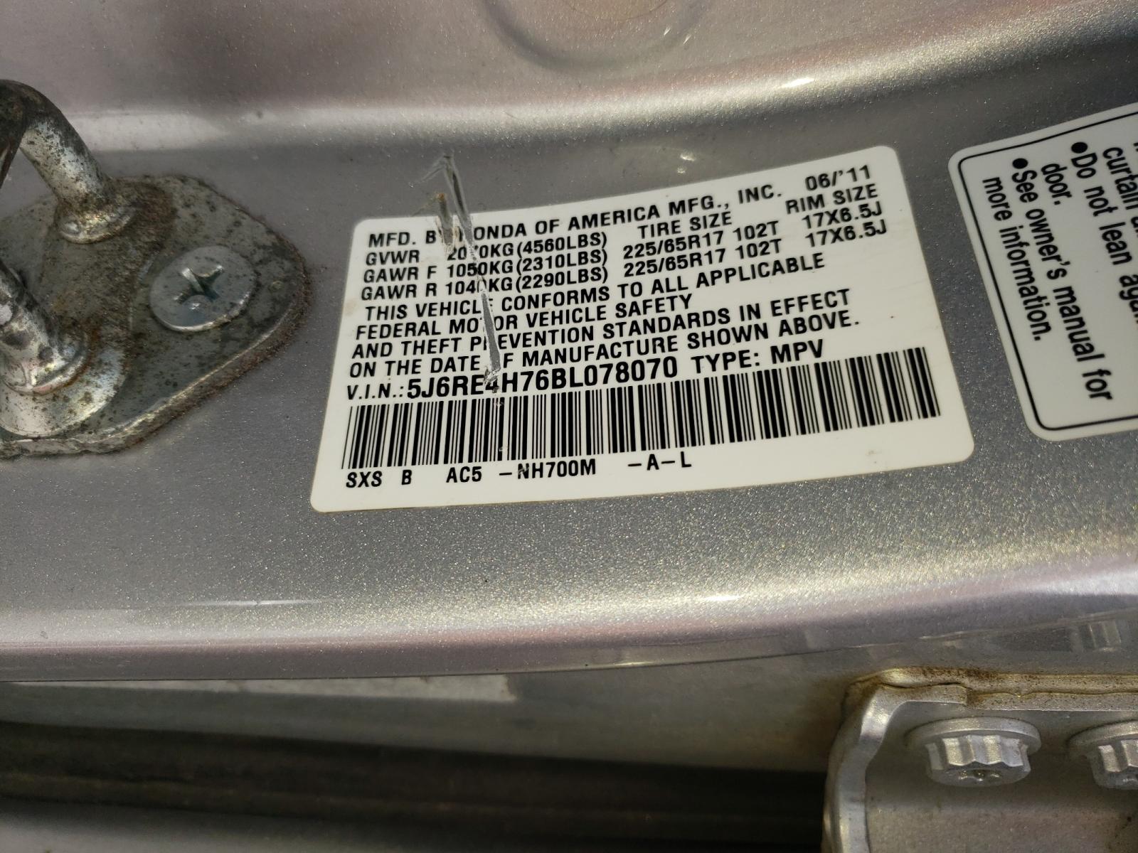 Photo 10 from auction – 2011 HONDA CR-V EXL with VIN 5J6RE4H76BL078070