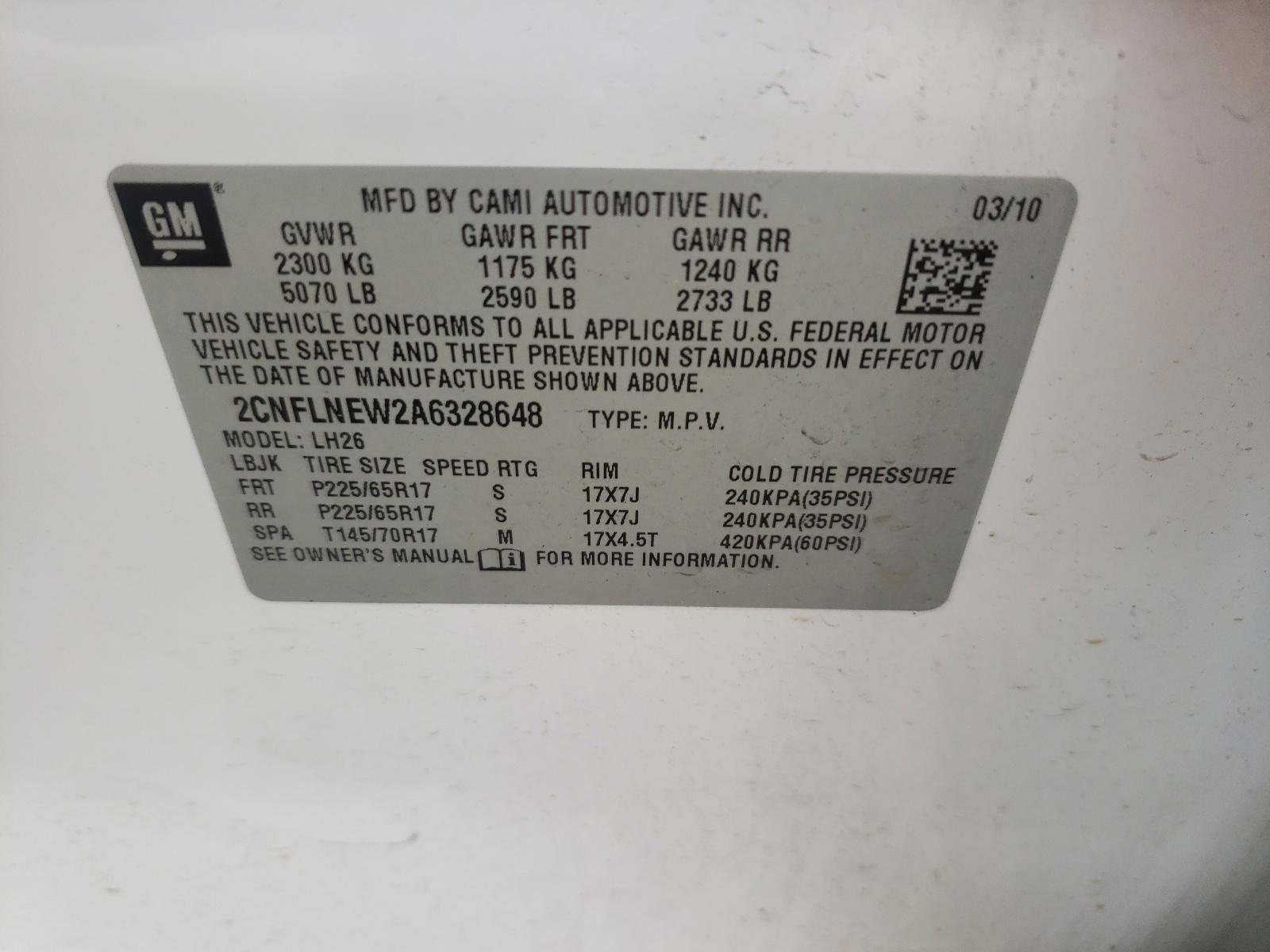 Photo 10 from auction – 2010 CHEVROLET EQUINOX LT with VIN 2CNFLNEW2A6328648