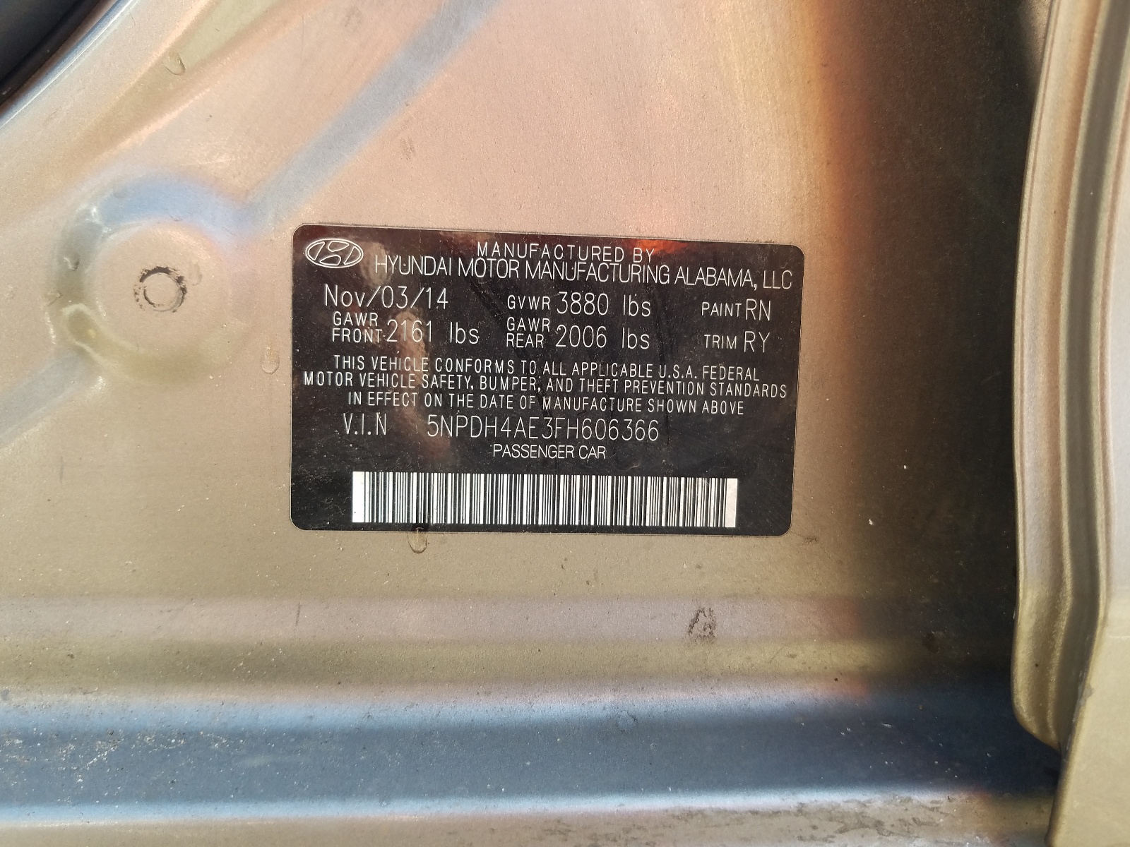 Photo 10 from auction – 2015 HYUNDAI ELANTRA SE with VIN 5NPDH4AE3FH606366