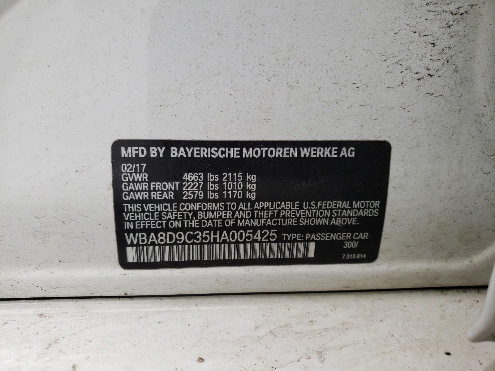 Photo 10 from auction – 2017 BMW 330 XI with VIN WBA8D9C35HA005425