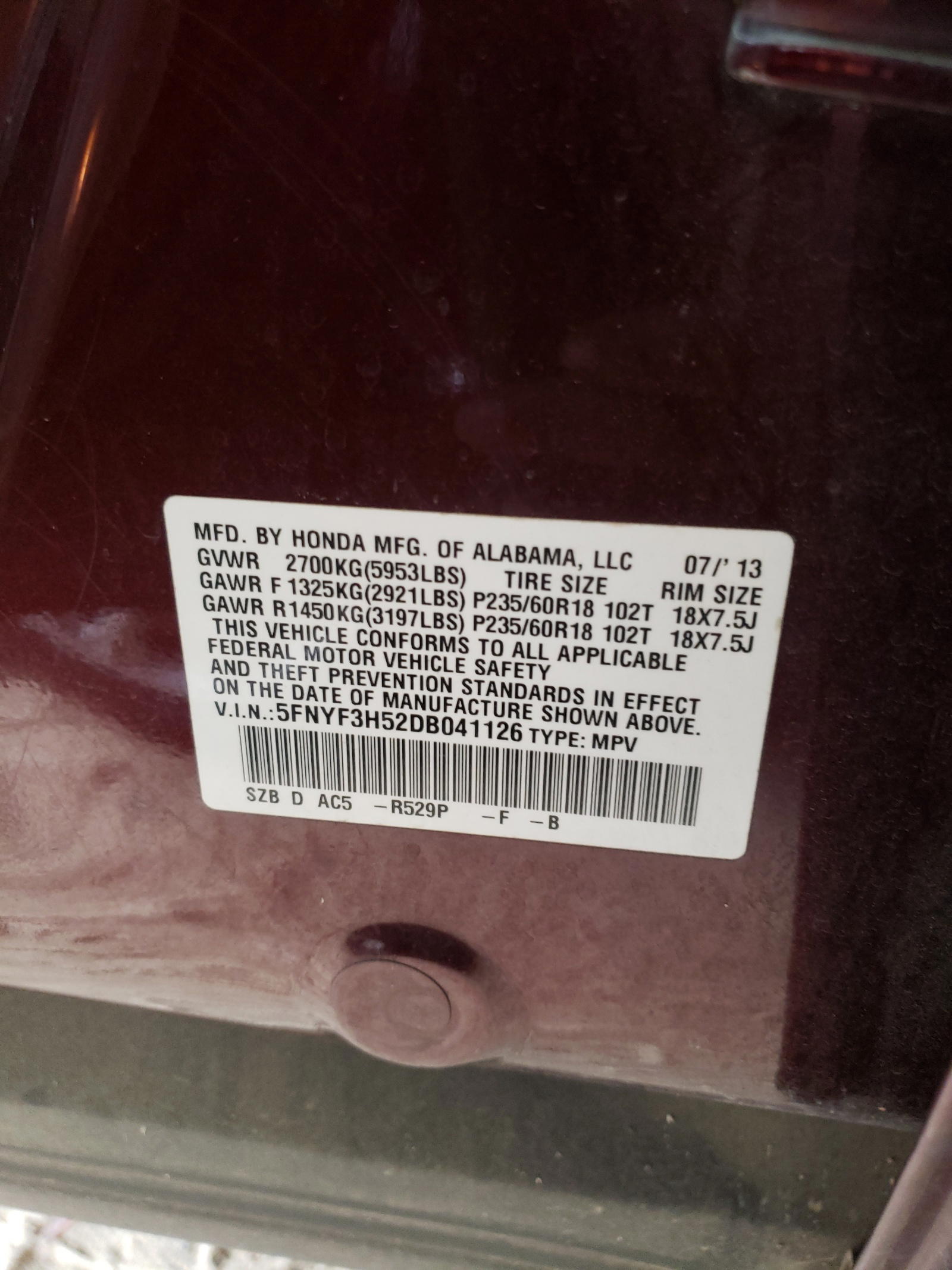 Photo 10 from auction – 2013 HONDA PILOT EXL with VIN 5FNYF3H52DB041126