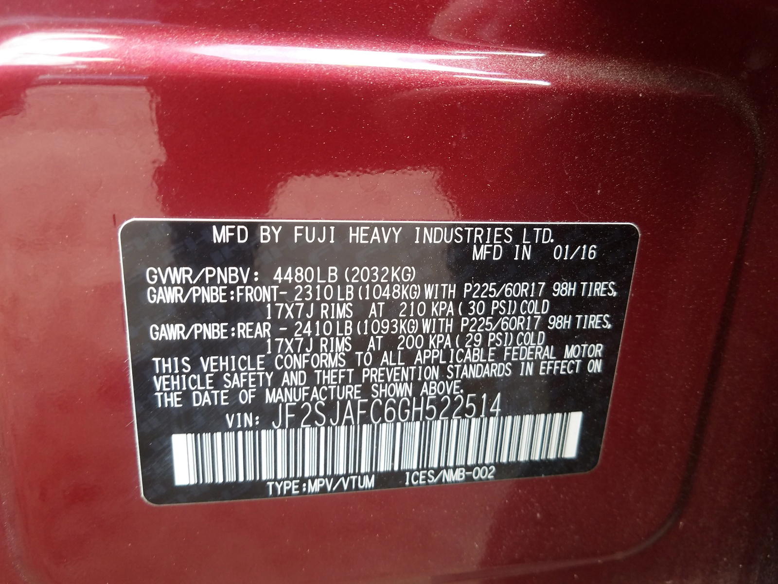 Photo 10 from auction – 2016 SUBARU FORESTER 2 with VIN JF2SJAFC6GH522514