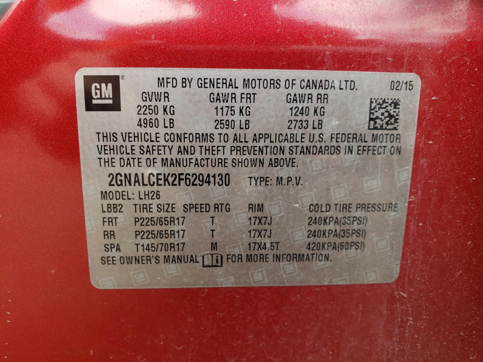Photo 10 from auction – 2015 CHEVROLET EQUINOX LT with VIN 2GNALCEK2F6294130