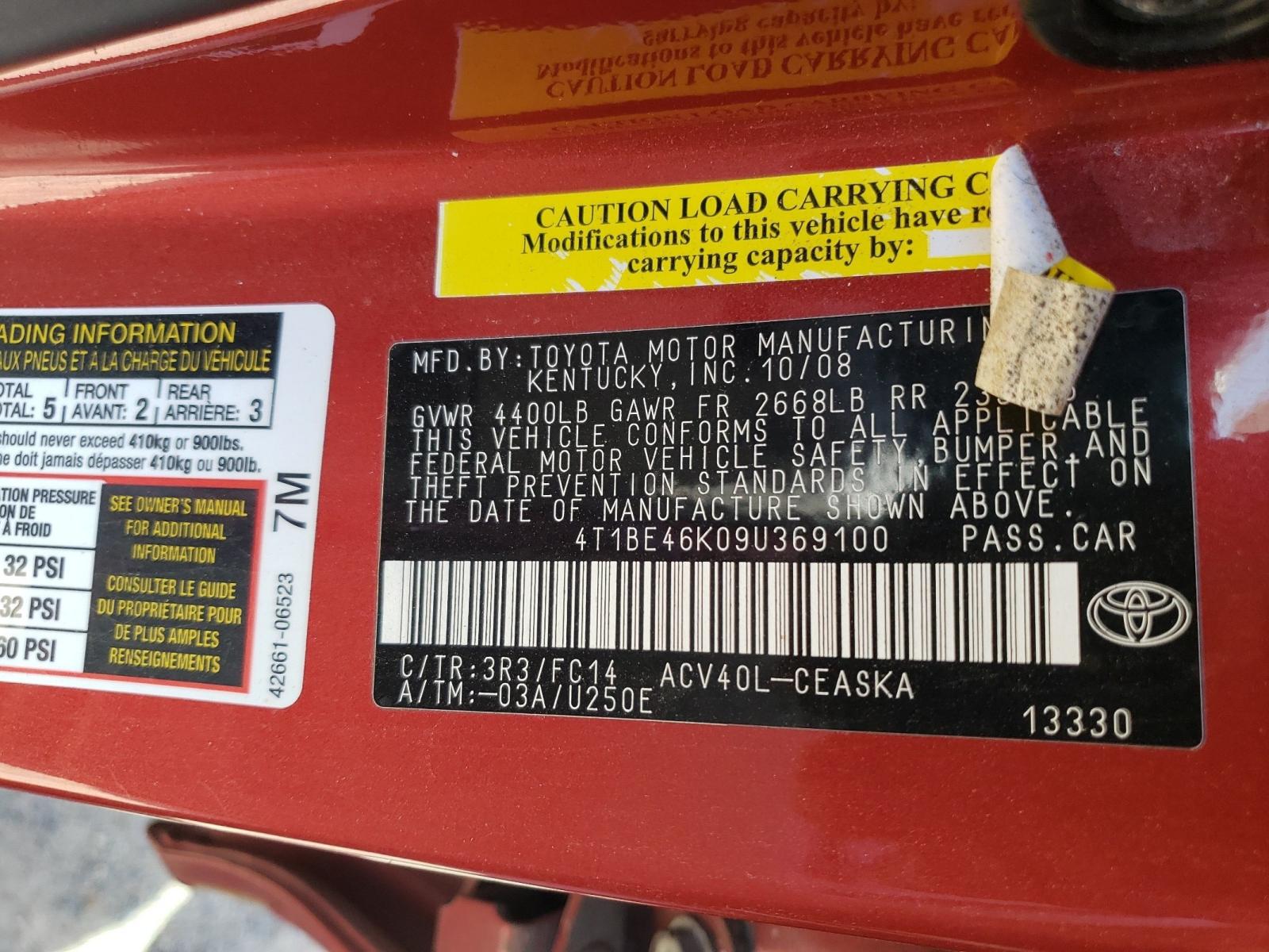 Photo 10 from auction – 2009 TOYOTA CAMRY with VIN 4T1BE46K09U369100