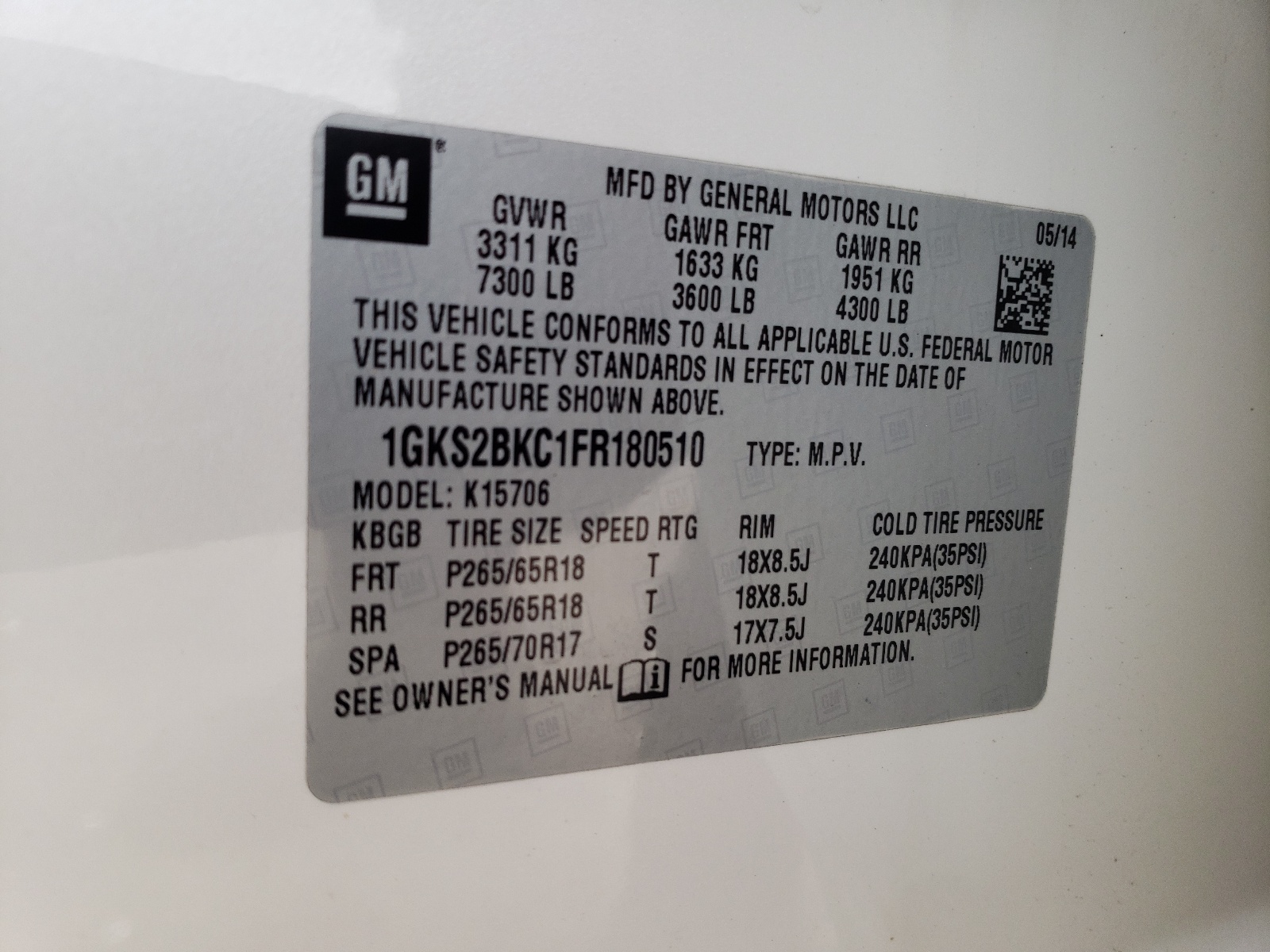 Photo 10 from auction – 2015 GMC YUKON SLT with VIN 1GKS2BKC1FR180510