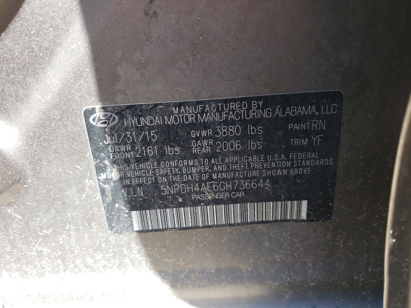 Photo 10 from auction – 2016 HYUNDAI ELANTRA SE with VIN 5NPDH4AE6GH736644