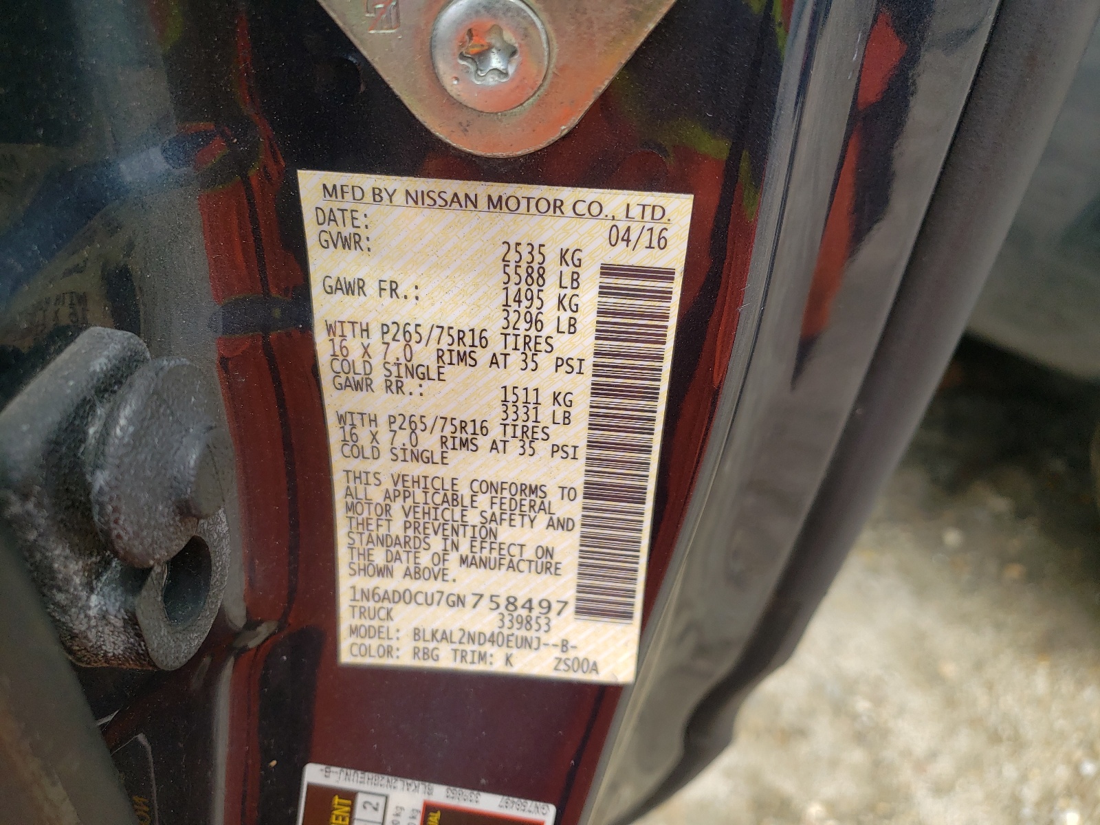 Photo 10 from auction – 2016 NISSAN FRONTIER S with VIN 1N6AD0CU7GN758497