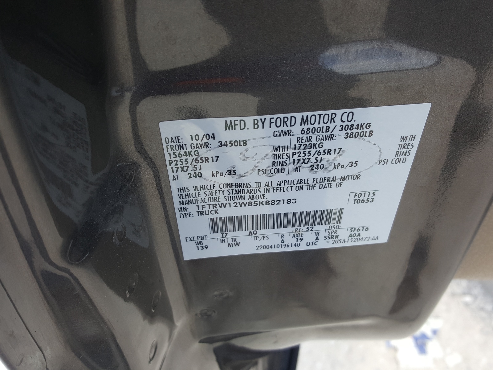 Photo 10 from auction – 2005 FORD F150 SUPER with VIN 1FTRW12W85KB82183