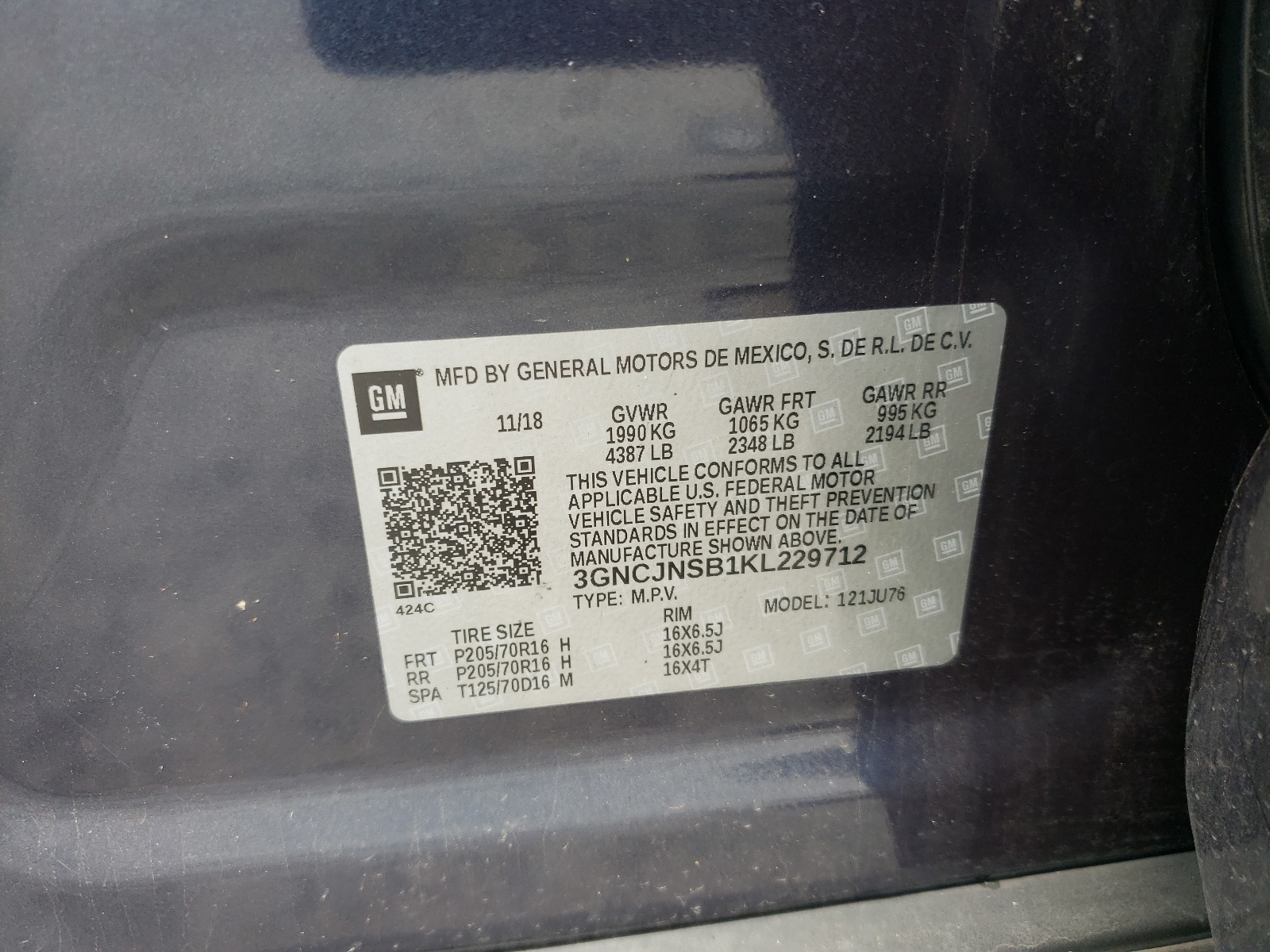 Photo 10 from auction – 2019 CHEVROLET TRAX LS with VIN 3GNCJNSB1KL229712