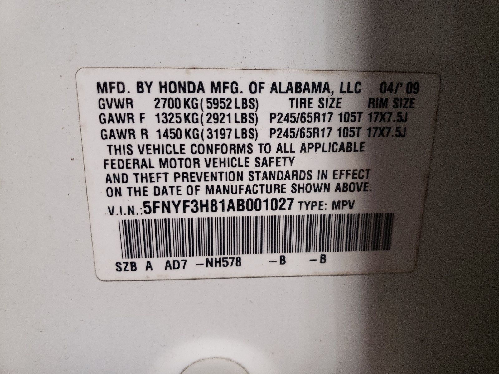 Photo 10 from auction – 2010 HONDA PILOT TOUR with VIN 5FNYF3H81AB001027