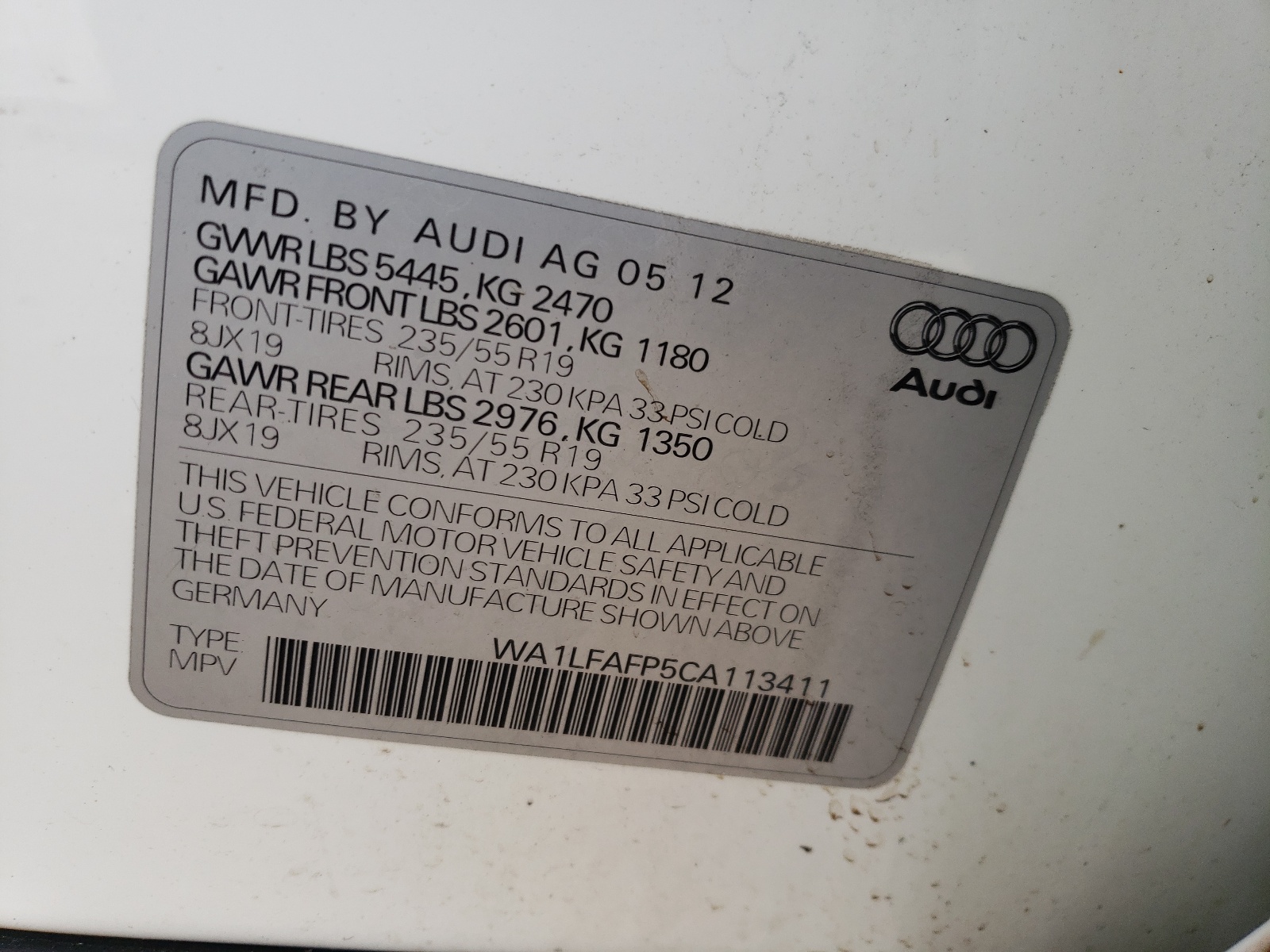 Photo 10 from auction – 2012 AUDI Q5 PREMIUM with VIN WA1LFAFP5CA113411