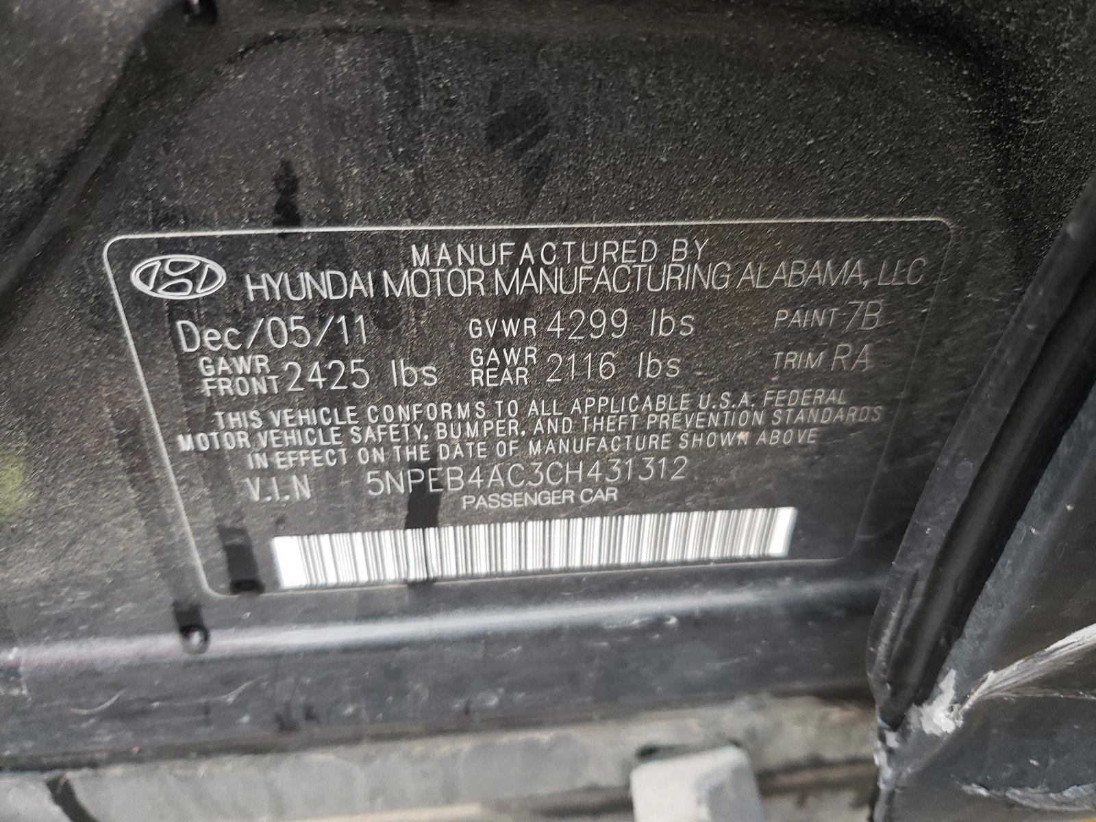 Photo 10 from auction – 2012 HYUNDAI SONATA GLS with VIN 5NPEB4AC3CH431312