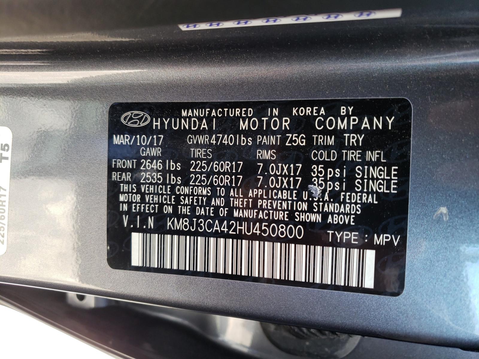 Photo 10 from auction – 2017 HYUNDAI TUCSON LIM with VIN KM8J3CA42HU450800