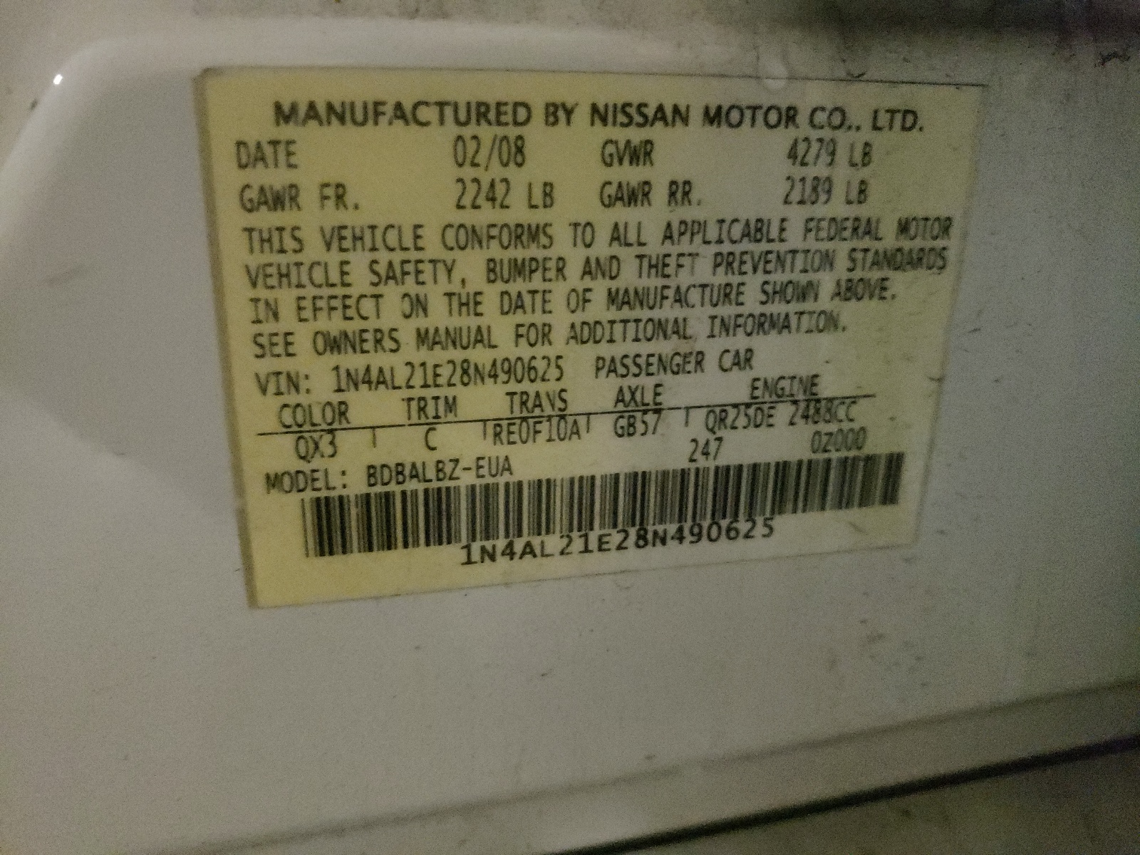 Photo 10 from auction – 2008 NISSAN ALTIMA with VIN 1N4AL21E28N490625