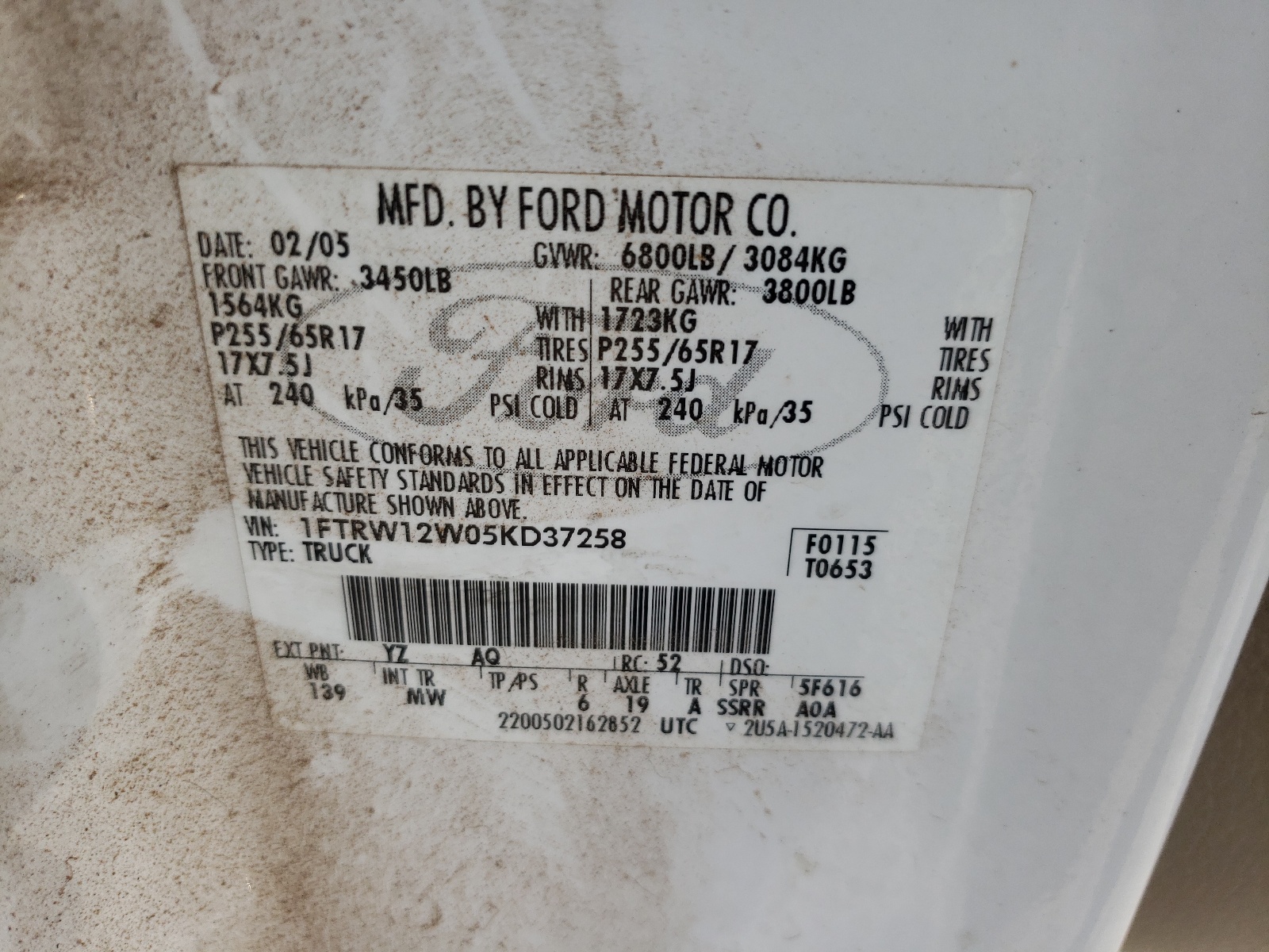 Photo 10 from auction – 2005 FORD F150 SUPER with VIN 1FTRW12W05KD37258