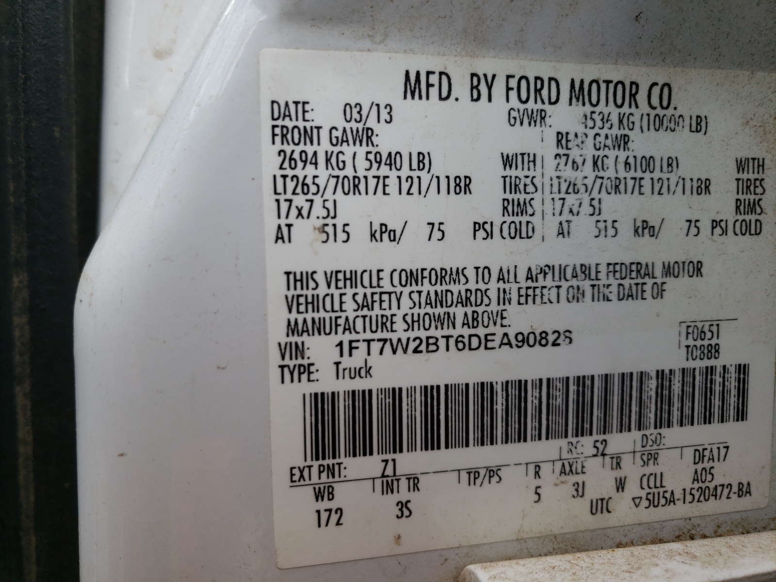 Photo 10 from auction – 2013 FORD F250 SUPER with VIN 1FT7W2BT6DEA90828
