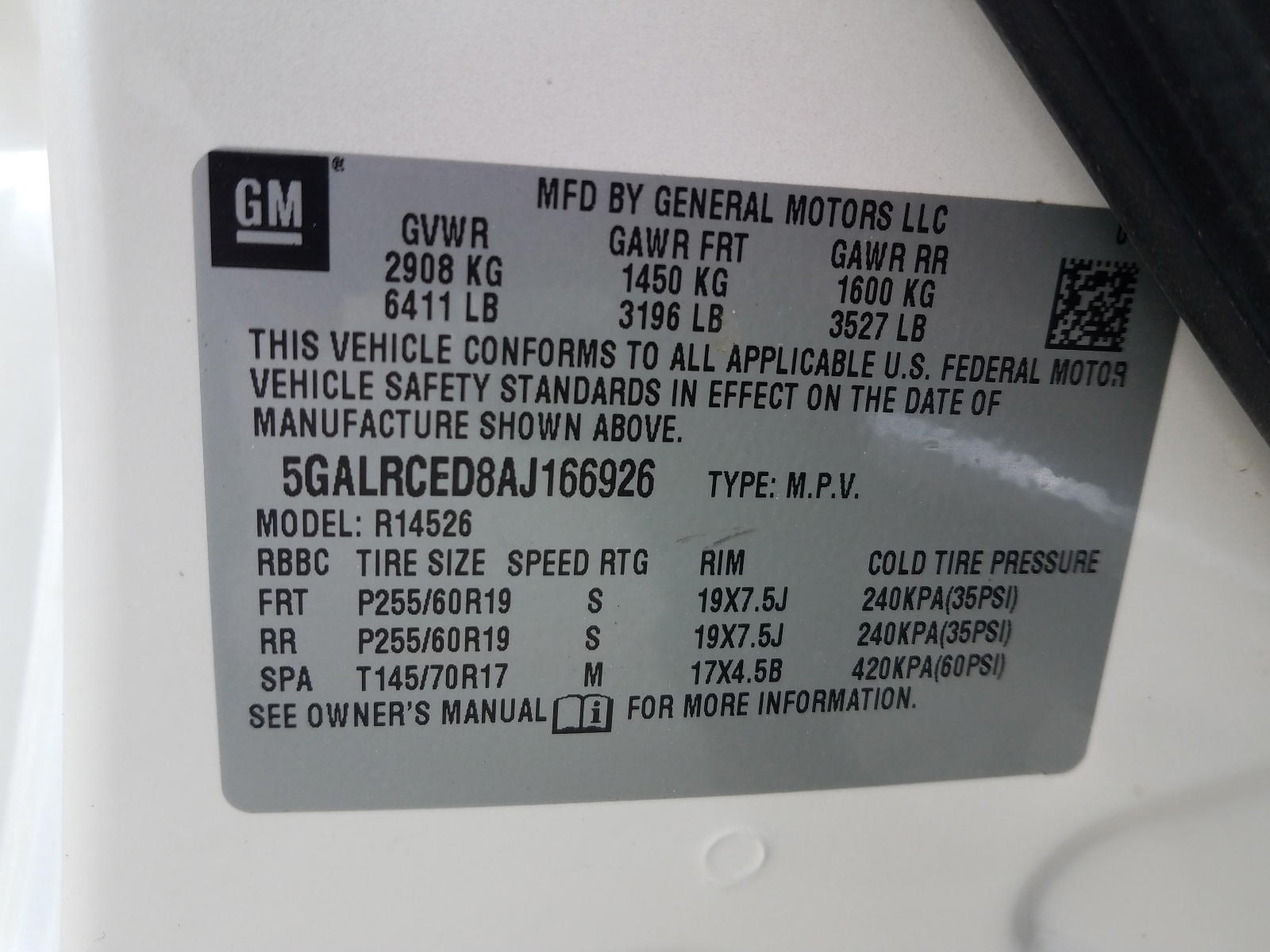 Photo 10 from auction – 2010 BUICK ENCLAVE CX with VIN 5GALRCED8AJ166926