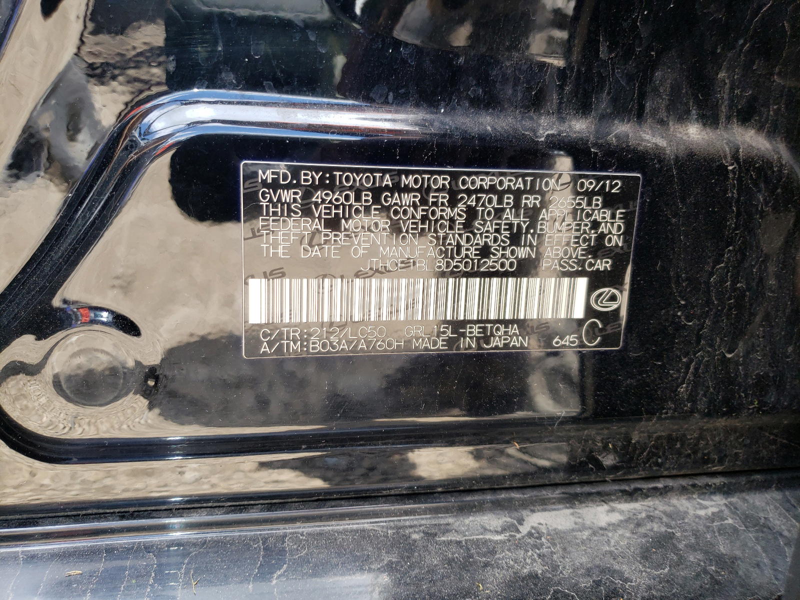 Photo 10 from auction – 2013 LEXUS GS 350 with VIN JTHCE1BL8D5012500