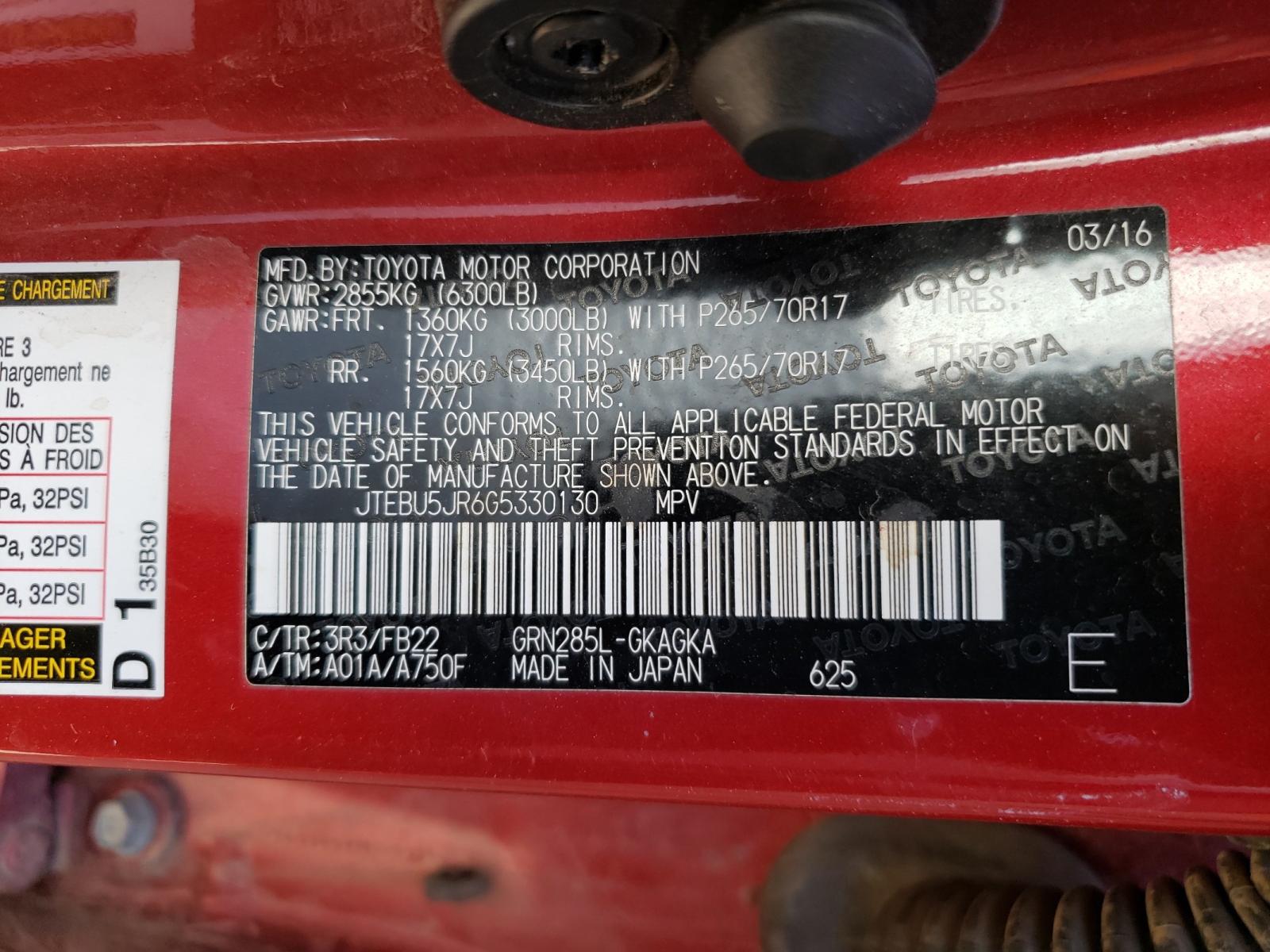 Photo 10 from auction – 2016 TOYOTA 4RUNNER SR with VIN JTEBU5JR6G5330130