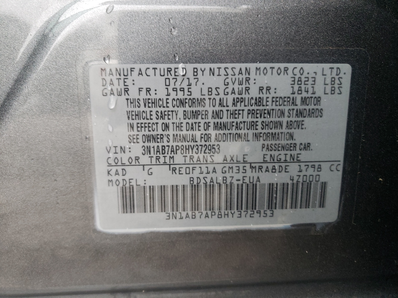 Photo 10 from auction – 2017 NISSAN SENTRA S with VIN 3N1AB7AP8HY372953