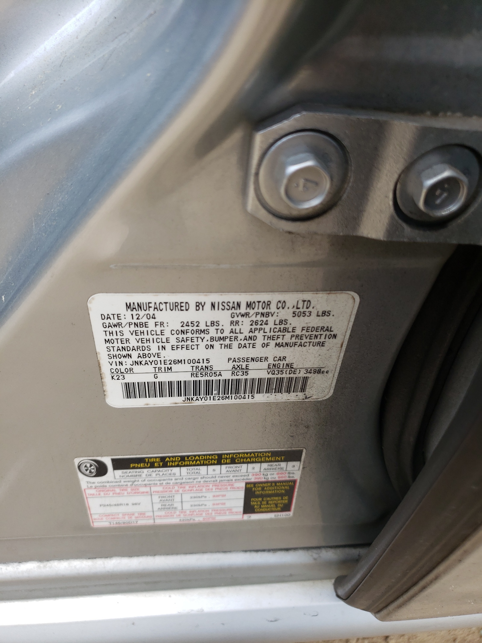 Photo 10 from auction – 2006 INFINITI M35 BASE with VIN JNKAY01E26M100415