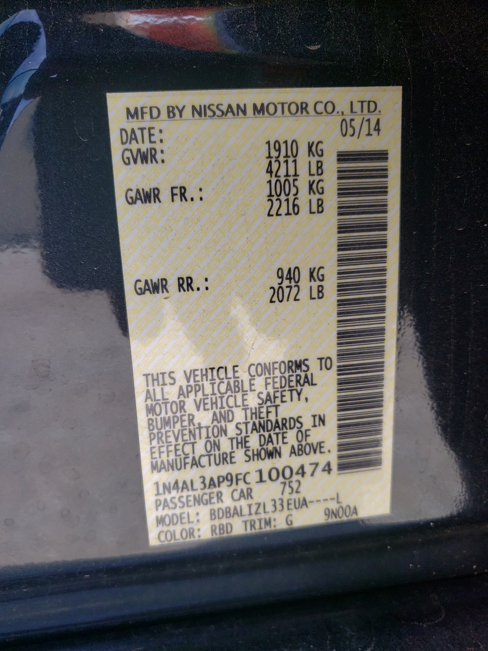 Photo 10 from auction – 2015 NISSAN ALTIMA 2.5 with VIN 1N4AL3AP9FC100474